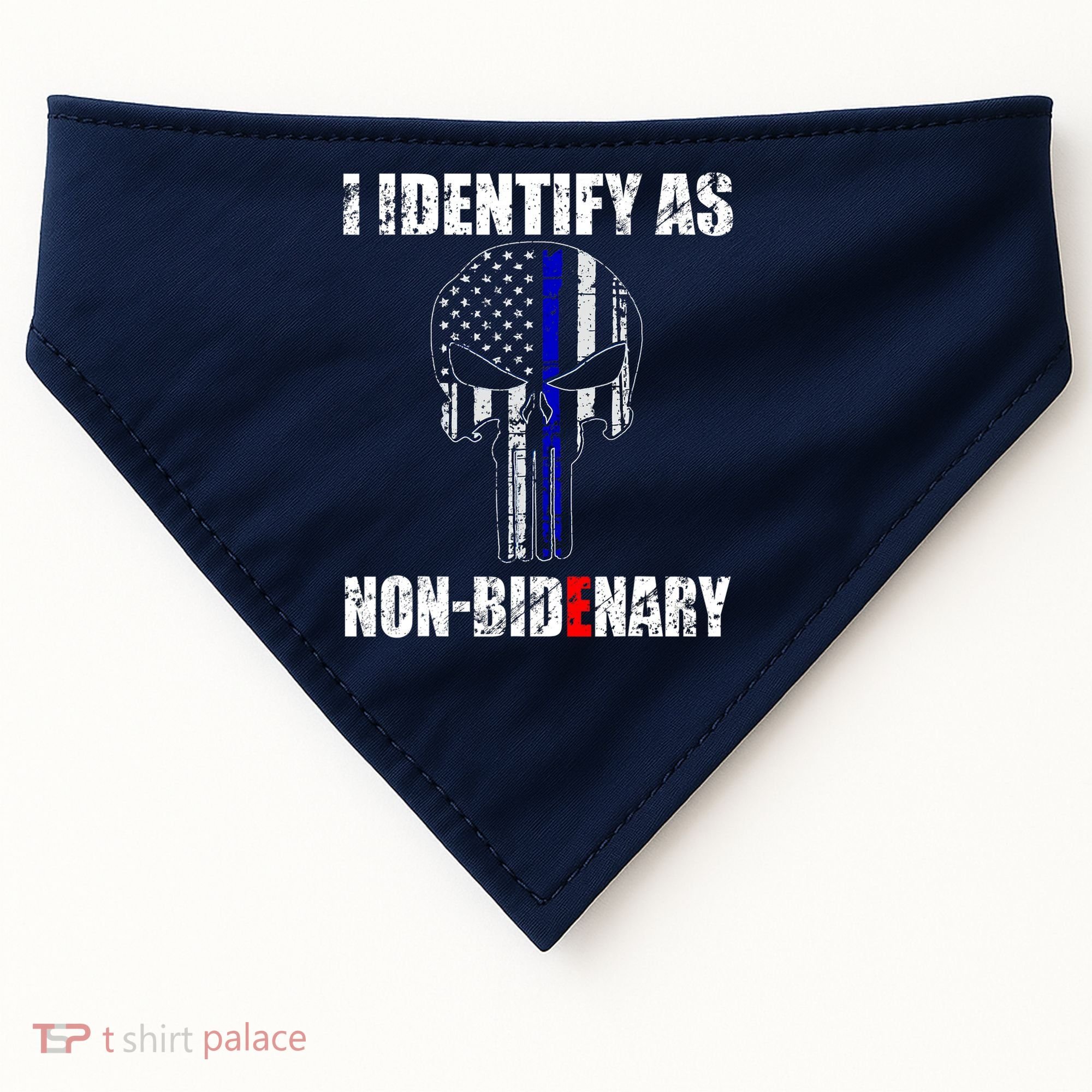 I Identify As Non Bidenary Skull Line Blue USA-Made Doggie Bandana