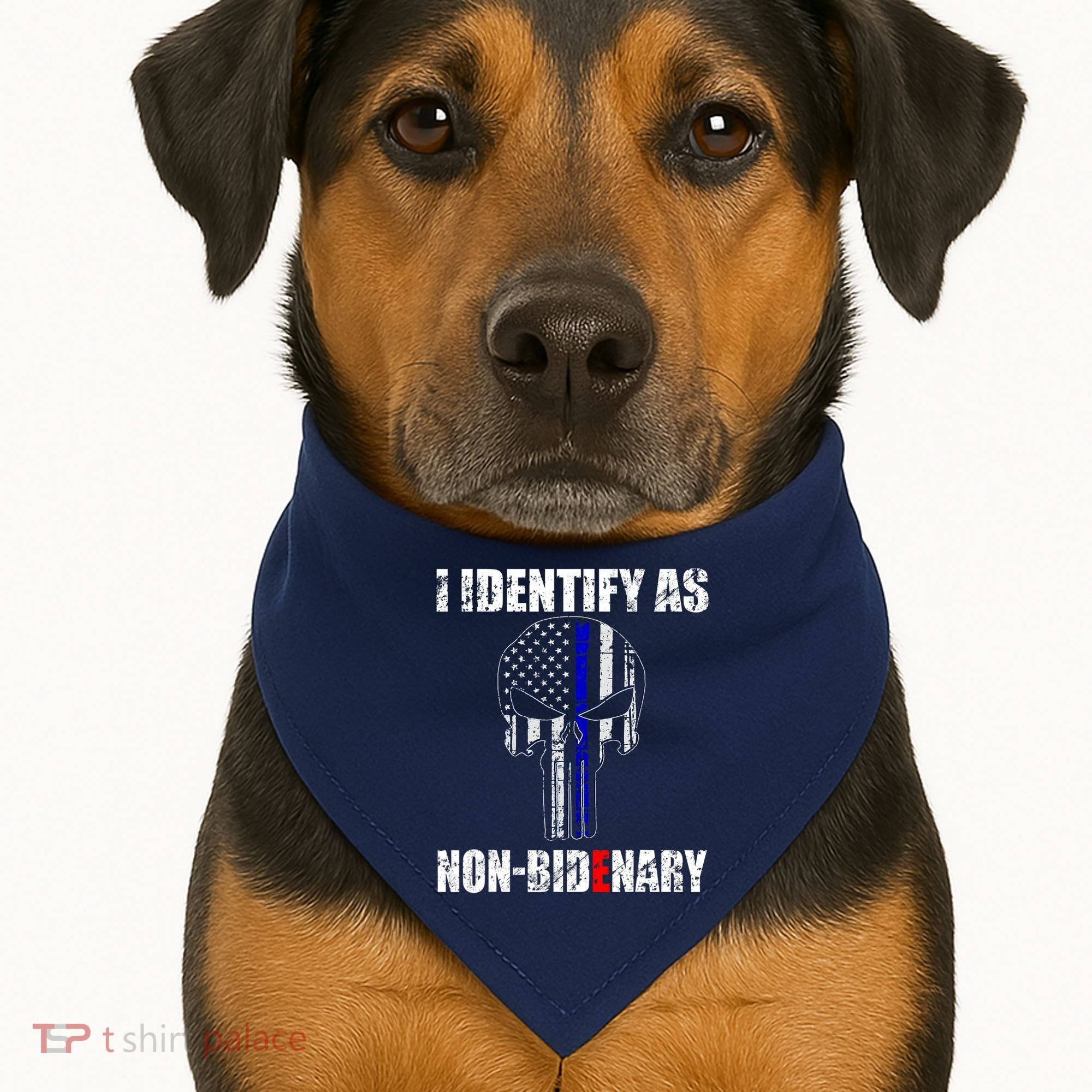 I Identify As Non Bidenary Skull Line Blue USA-Made Doggie Bandana