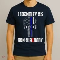 I Identify As Non Bidenary Skull Line Blue T-Shirt thumb 3