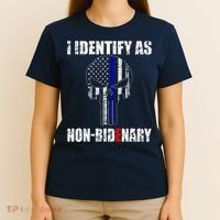 I Identify As Non Bidenary Skull Line Blue T-Shirt thumb 4