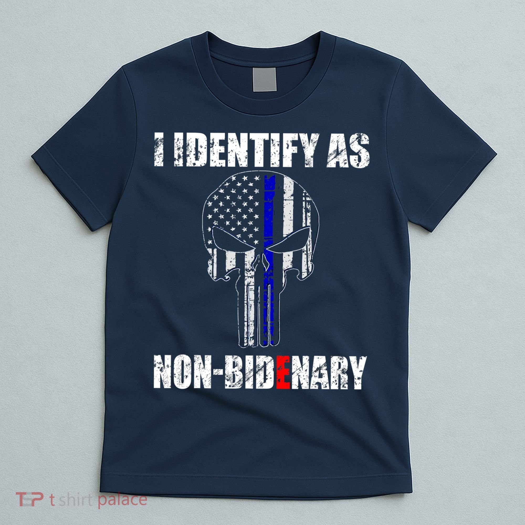 I Identify As Non Bidenary Skull Line Blue T-Shirt