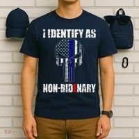 I Identify As Non Bidenary Skull Line Blue T-Shirt thumb 6