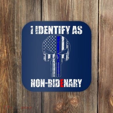 I Identify As Non Bidenary Skull Line Blue Coaster