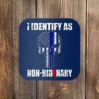 I Identify As Non Bidenary Skull Line Blue Coaster thumb 0