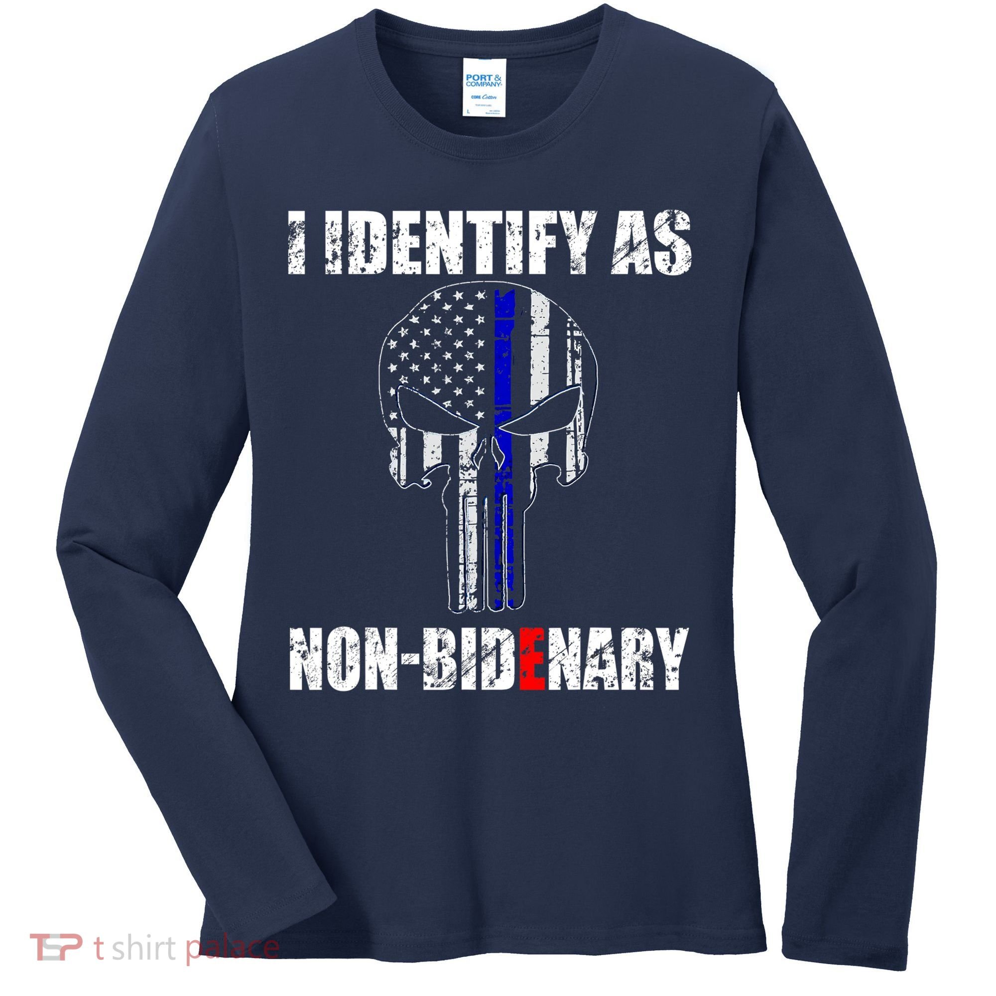 I Identify As Non Bidenary Skull Line Blue Women's Long Sleeve Shirt
