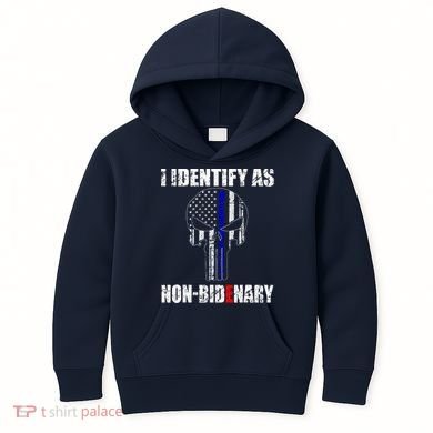 I Identify As Non Bidenary Skull Line Blue Kids Hoodie
