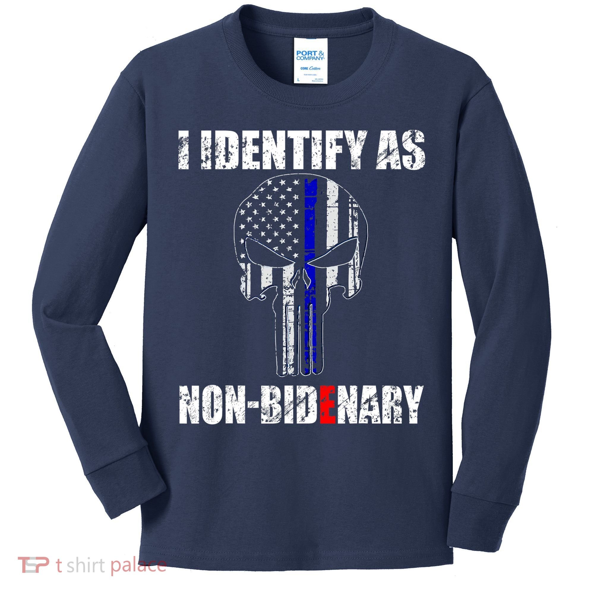 I Identify As Non Bidenary Skull Line Blue Kids Long Sleeve Shirt