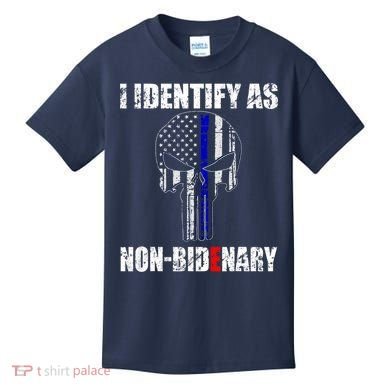 I Identify As Non Bidenary Skull Line Blue Kids T-Shirt