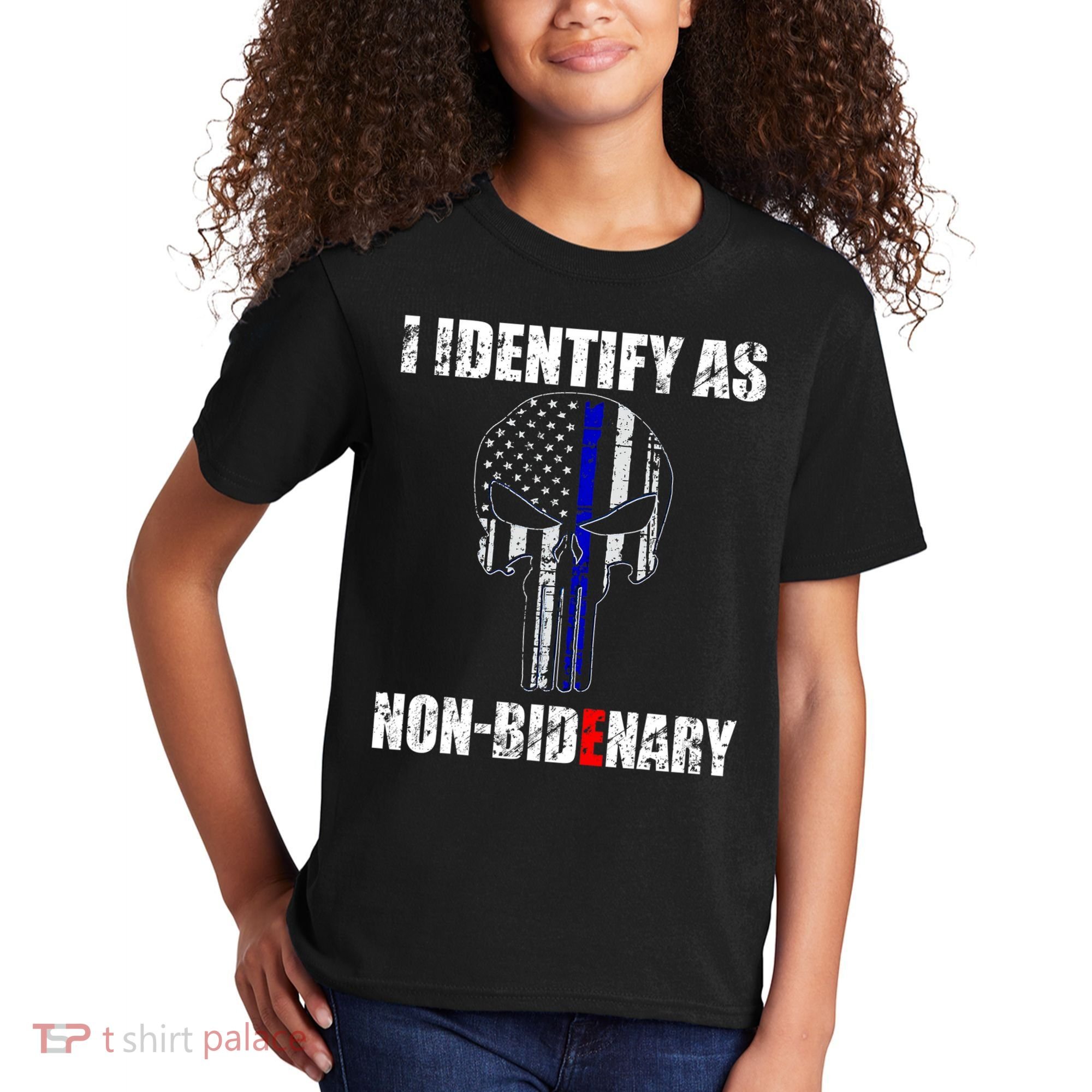 I Identify As Non Bidenary Skull Line Blue Kids T-Shirt