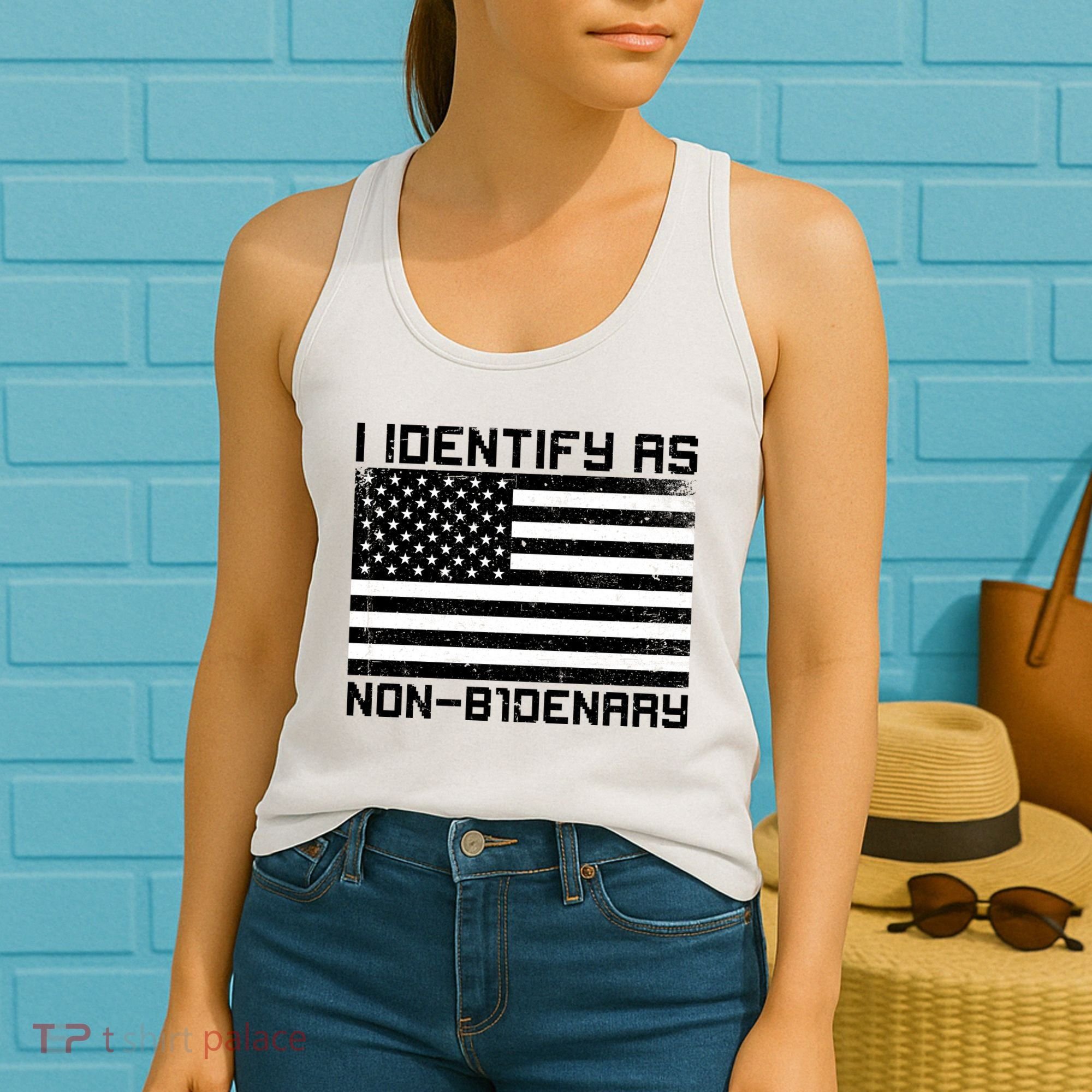 I Identify As Non B1denary USA American Flag Women's Tank Top