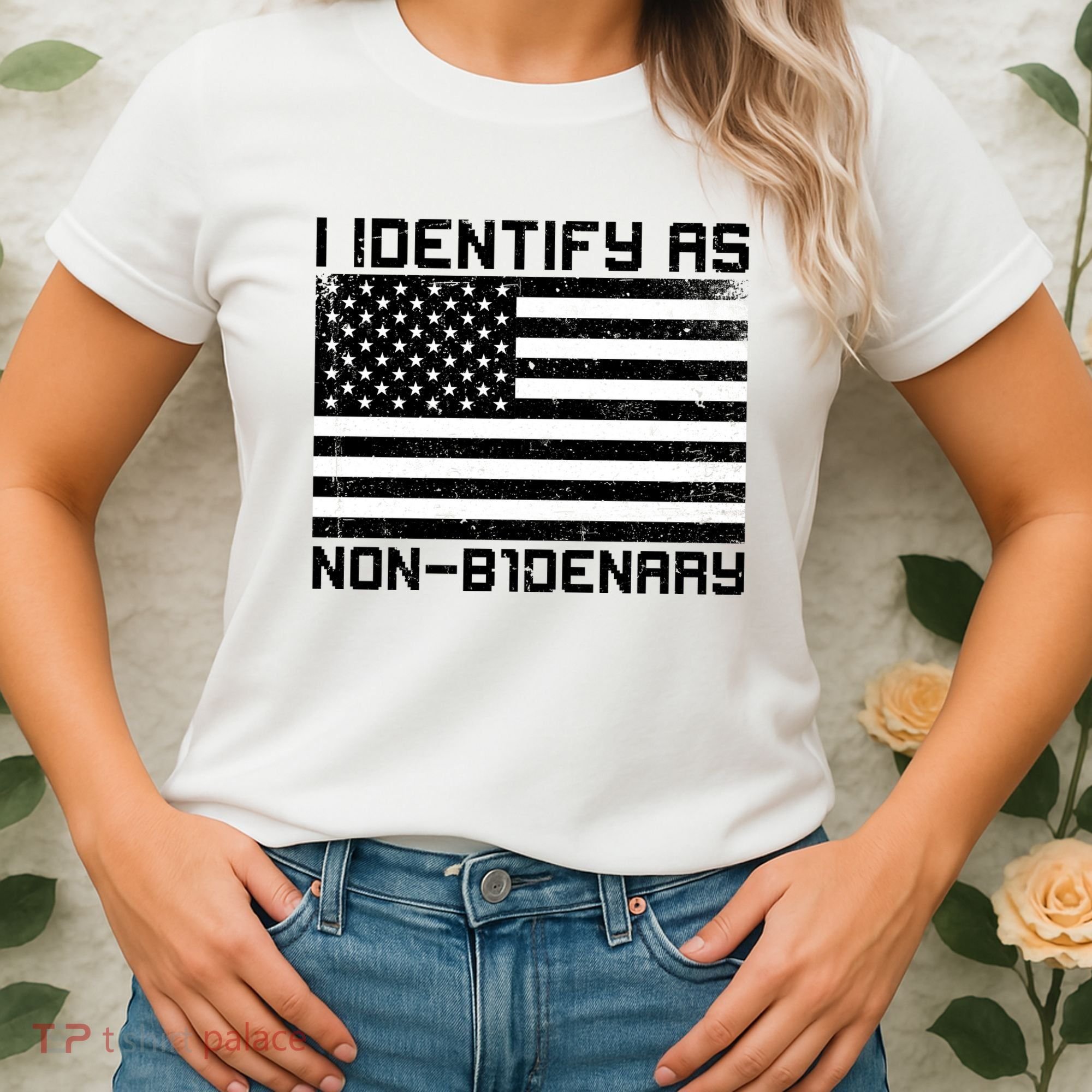 I Identify As Non B1denary USA American Flag Women's T-Shirt
