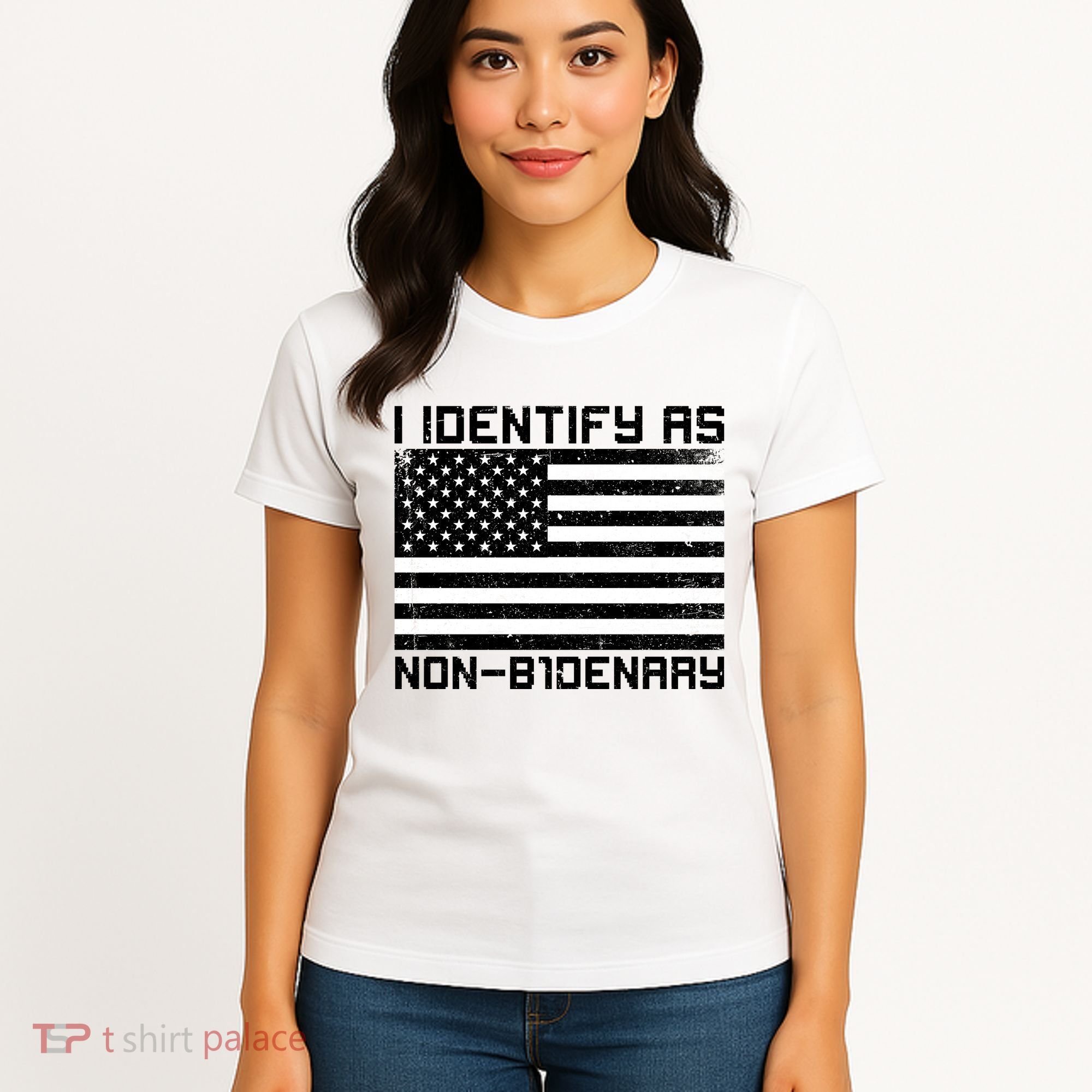 I Identify As Non B1denary USA American Flag Women's T-Shirt