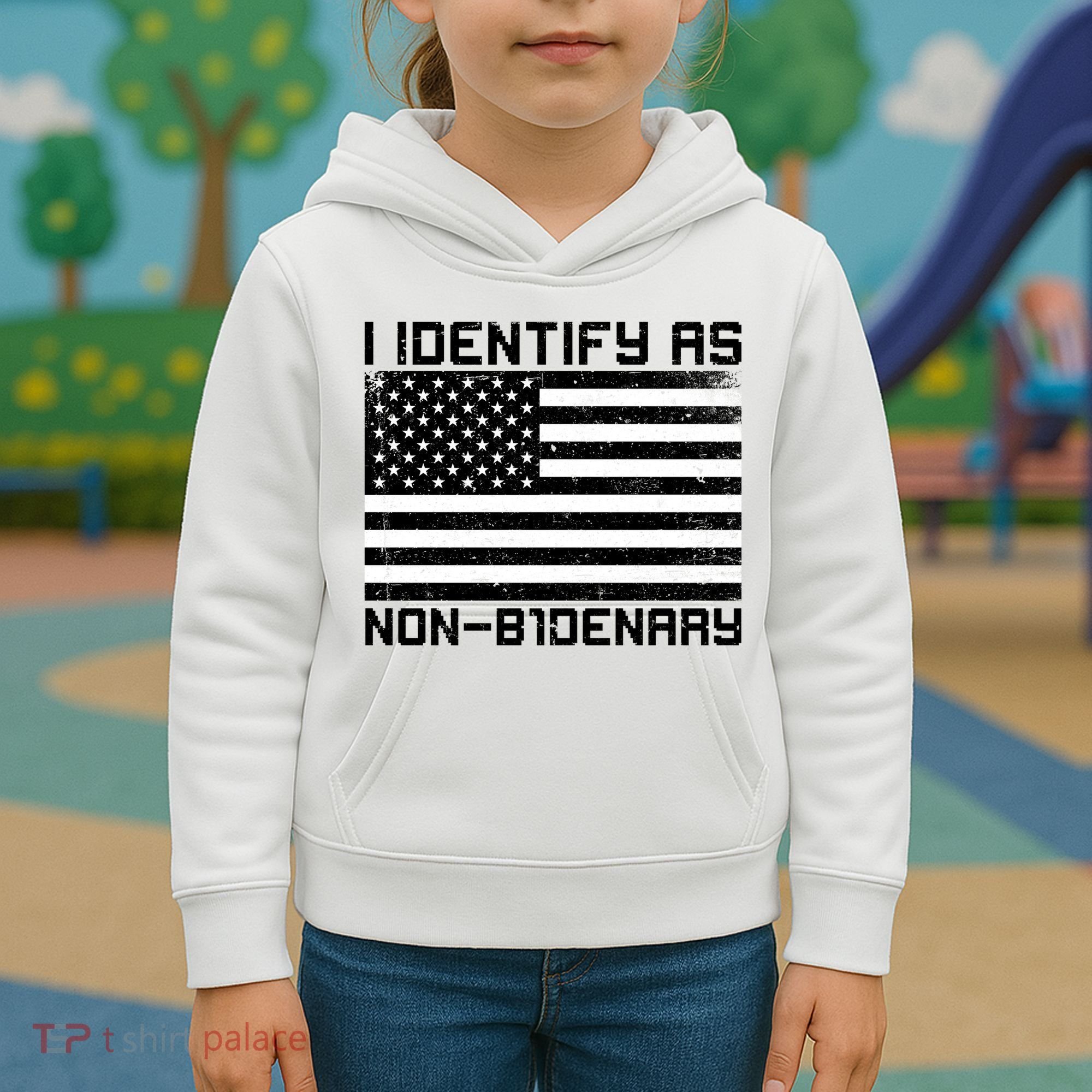 I Identify As Non B1denary USA American Flag Kids Hoodie