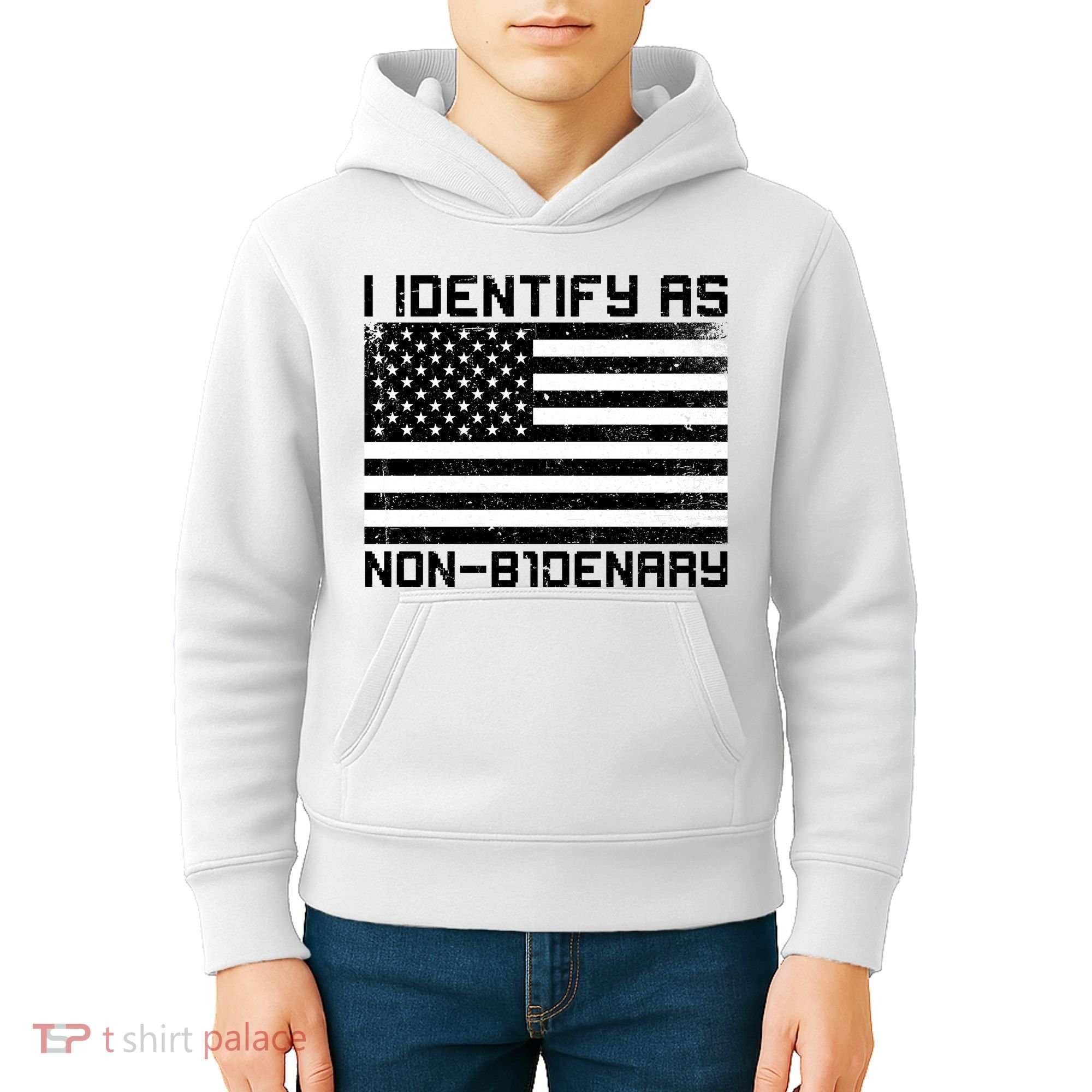I Identify As Non B1denary USA American Flag Kids Hoodie