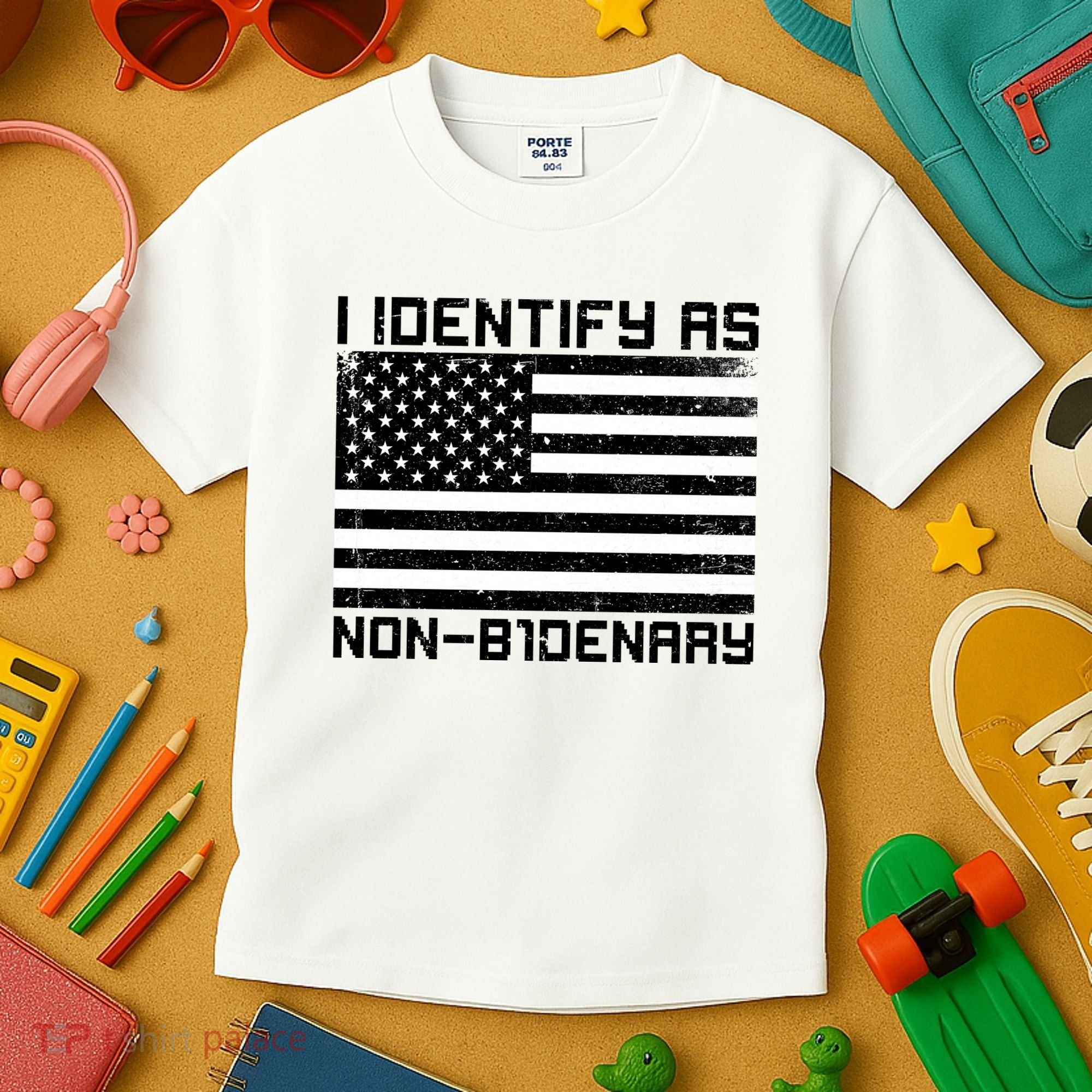 I Identify As Non B1denary USA American Flag Kids T-Shirt