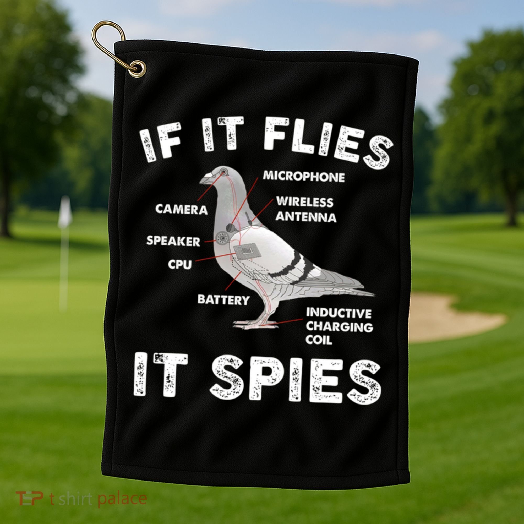 If It Flies It Spies Pigeon Anatomy Bird Funny Golf Towel
