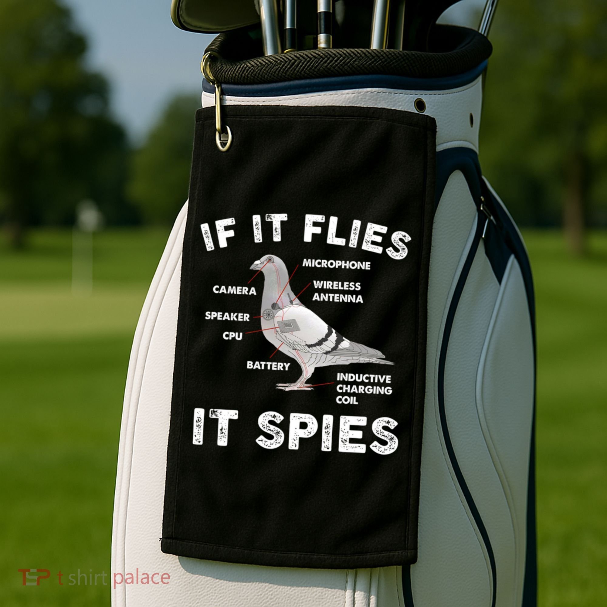 If It Flies It Spies Pigeon Anatomy Bird Funny Golf Towel