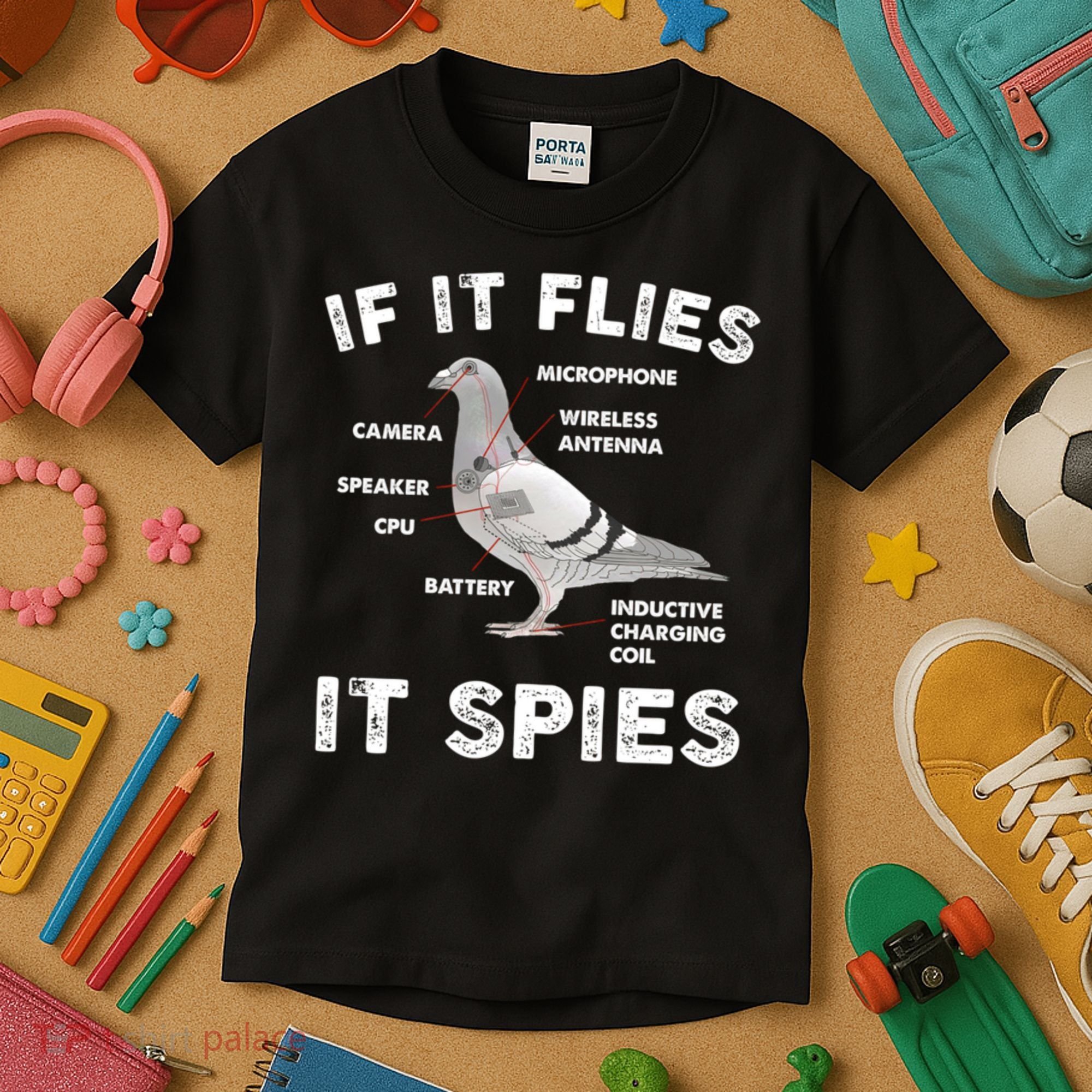 If It Flies It Spies Pigeon Anatomy Bird Funny Kids T-Shirt