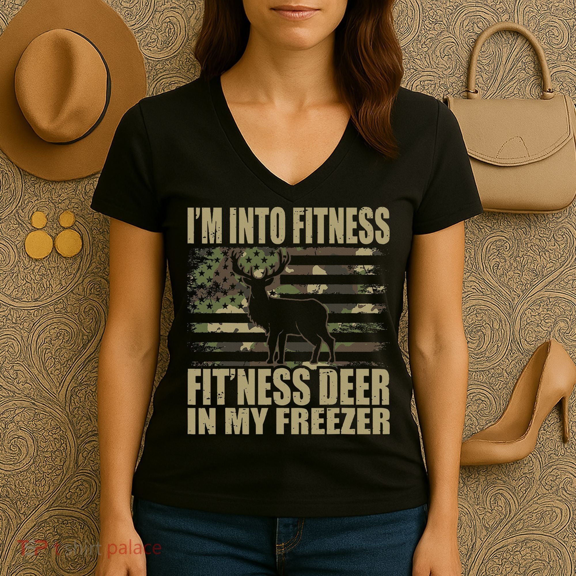 I'm Into Fitness Fit'ness Deer In My Freezer  Women's V-Neck T-Shirt