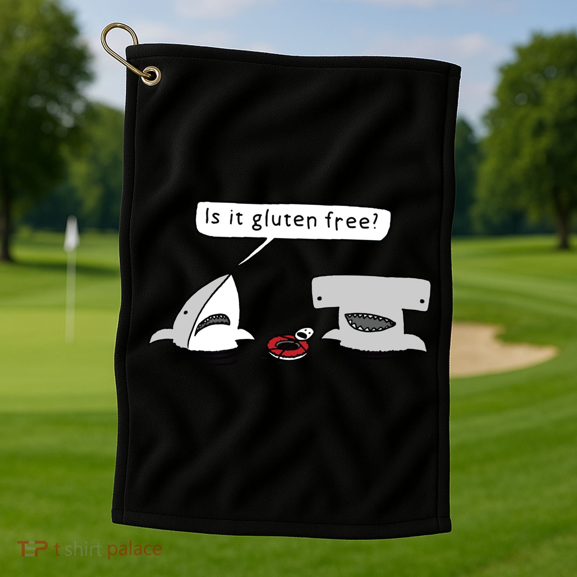 Is It Gluten Free Two Sharks Graphic Golf Towel