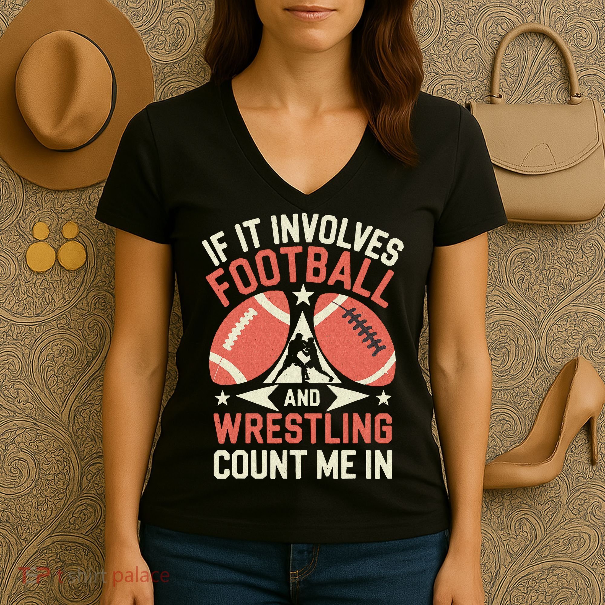 If It Involves Football And Wrestling Count Me In Women's V-Neck T-Shirt