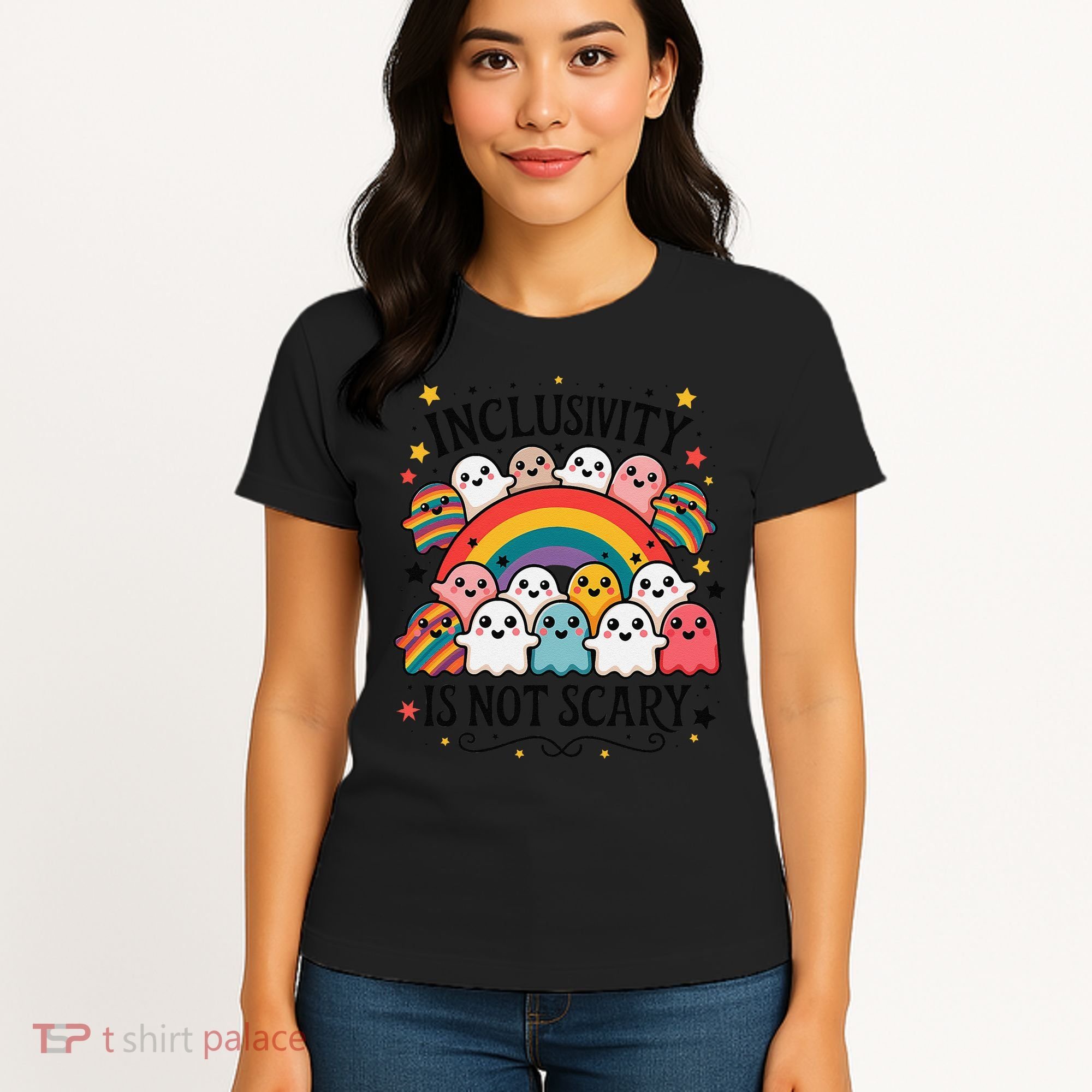 Inclusivity Is Not Scary  Cute Ghost Welcome Here Funny Women's T-Shirt