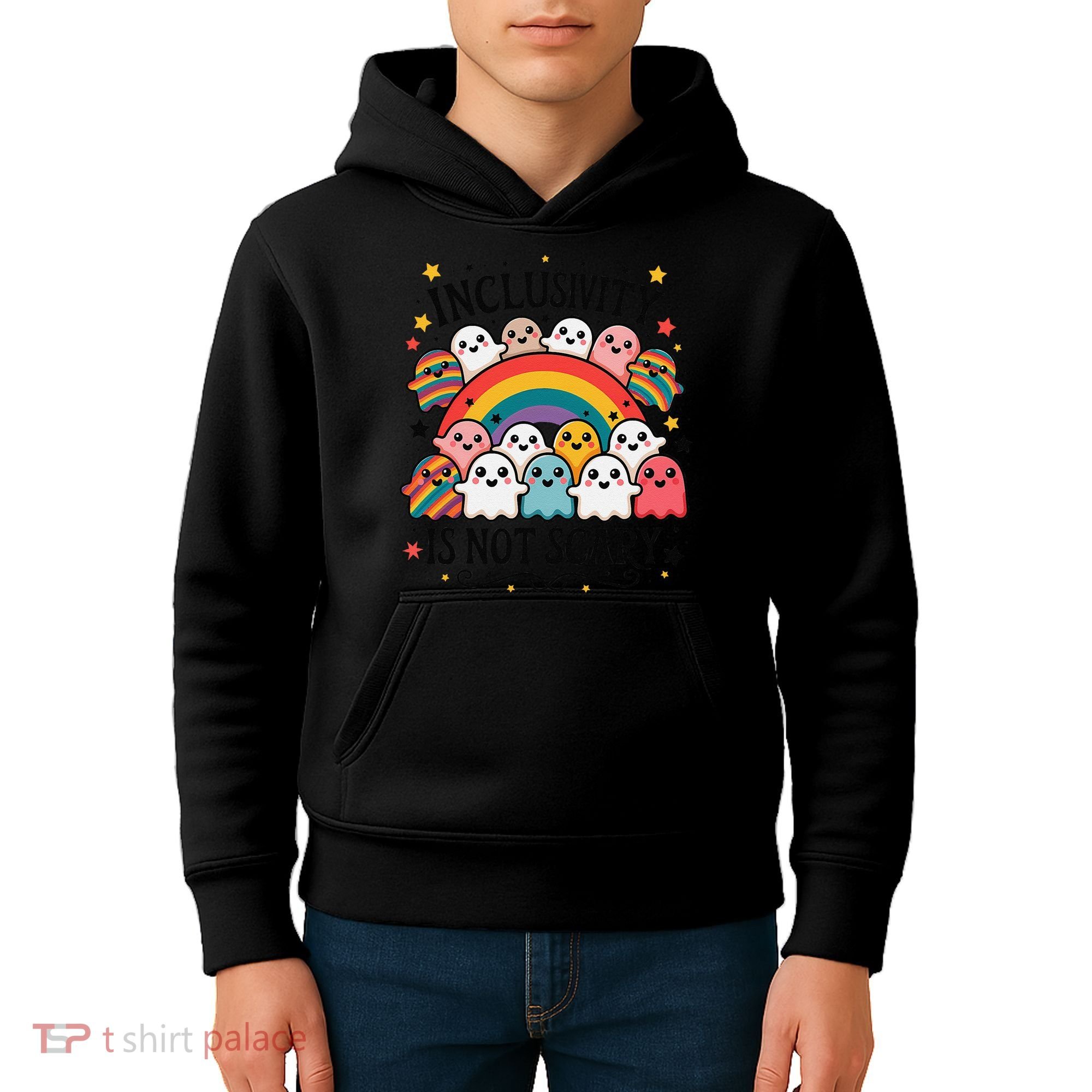 Inclusivity Is Not Scary  Cute Ghost Welcome Here Funny Kids Hoodie