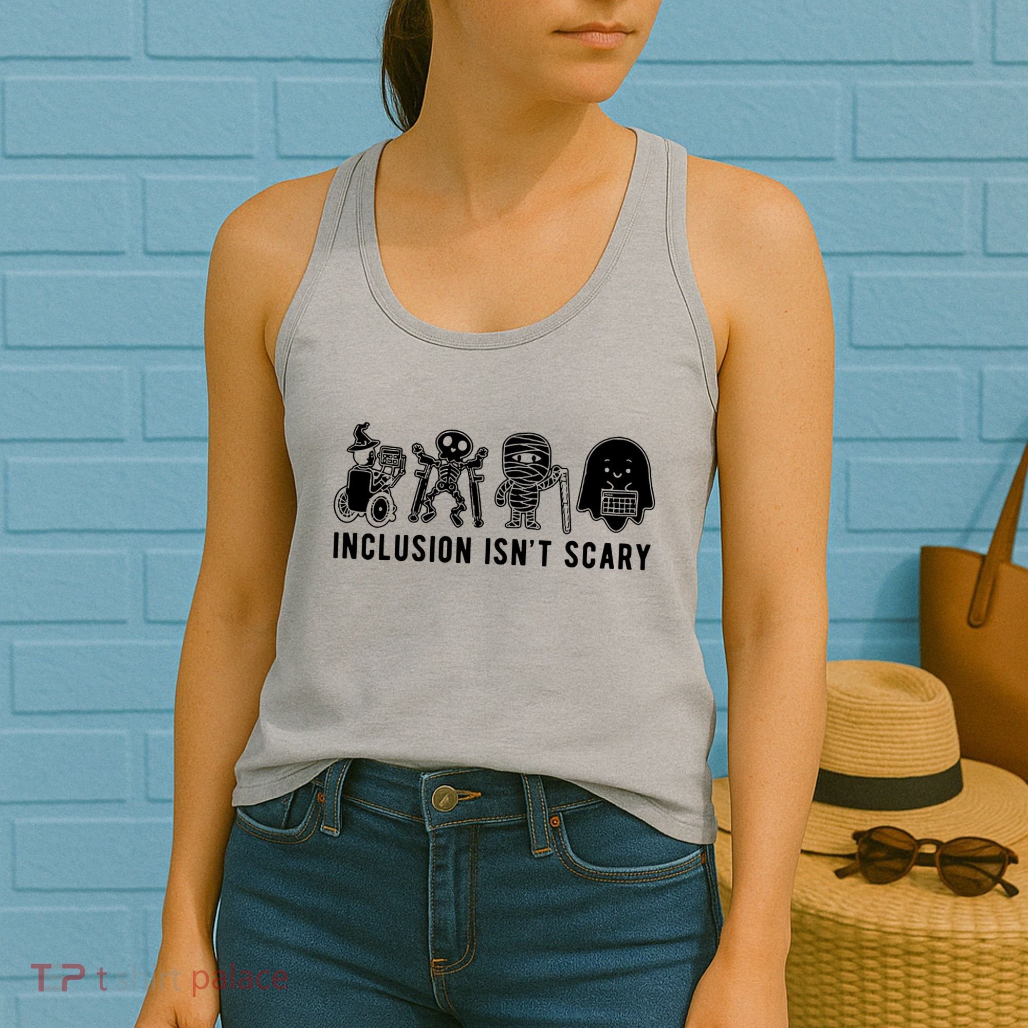 Inclusion Isnt Scary Teacher Skeleton Ghost Cute Halloween Women's Tank Top
