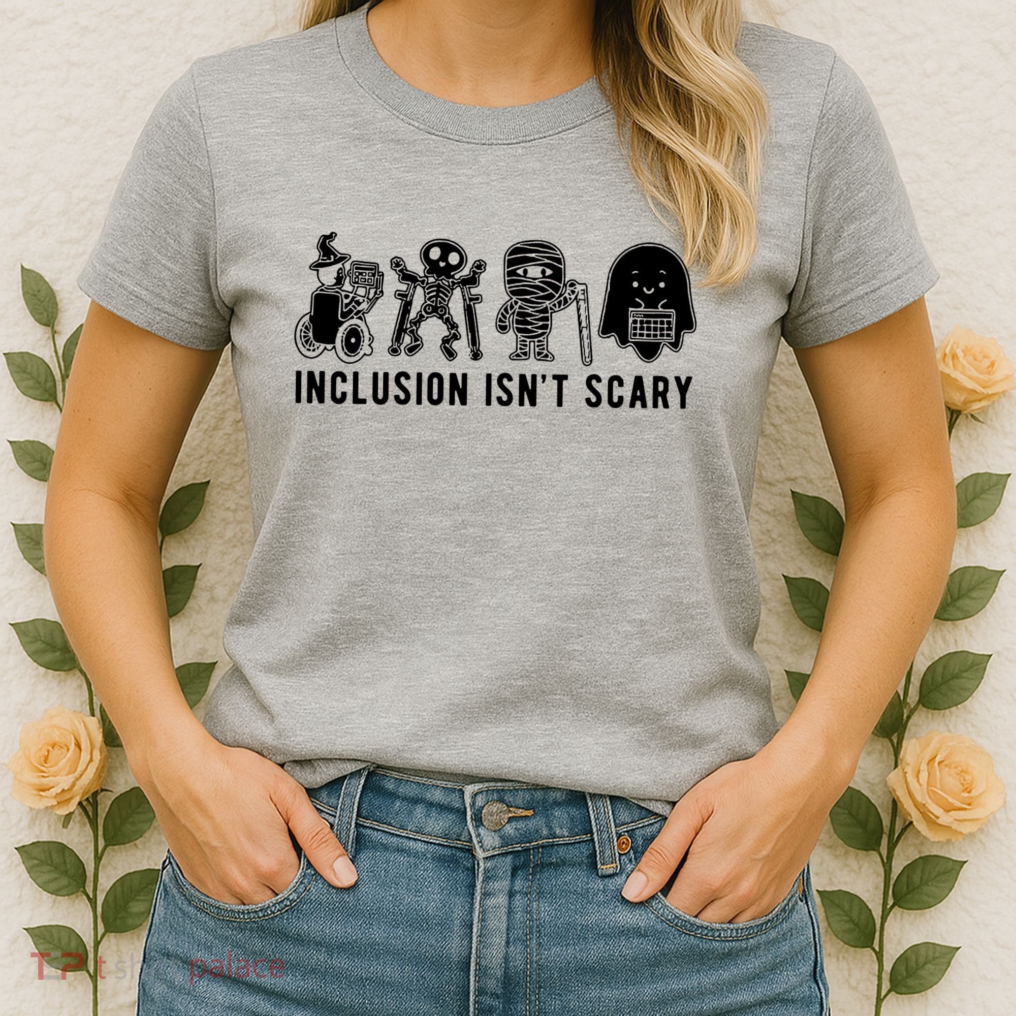 Inclusion Isnt Scary Teacher Skeleton Ghost Cute Halloween Women's T-Shirt