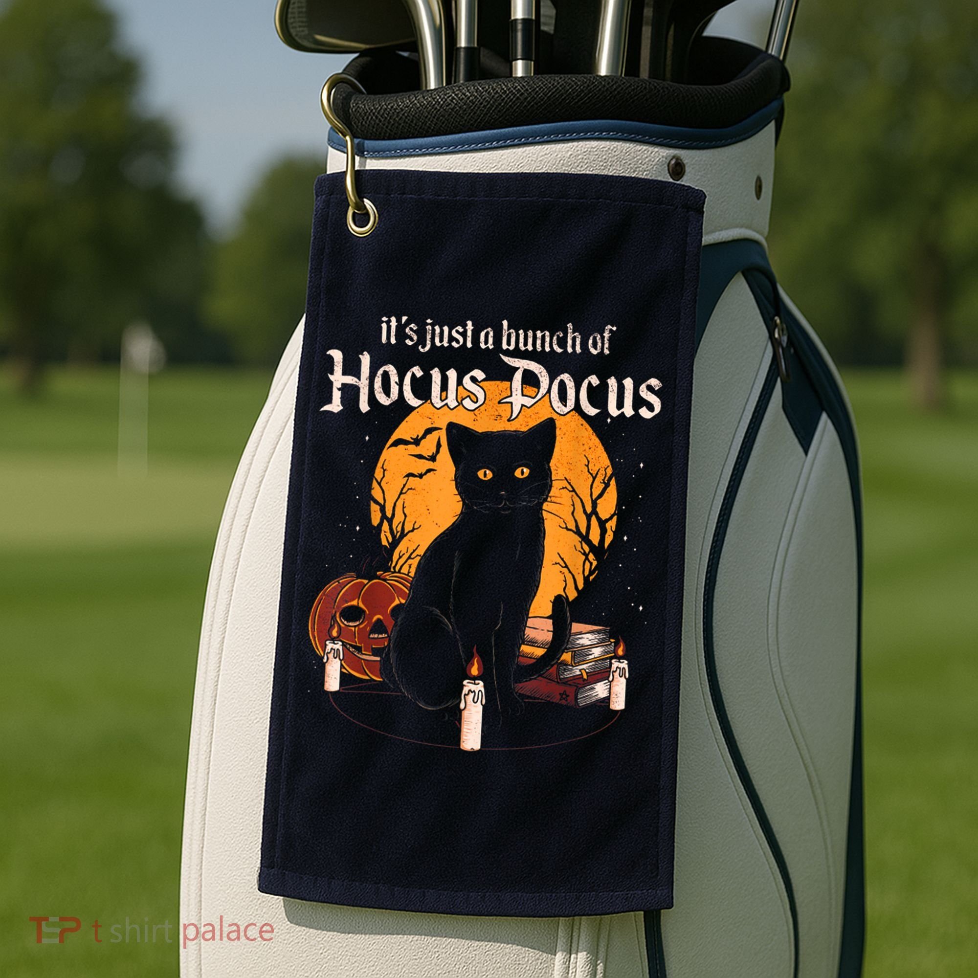 It's Just A Bunch Of Hocus Pocus Funny Halloween Black Cat Golf Towel