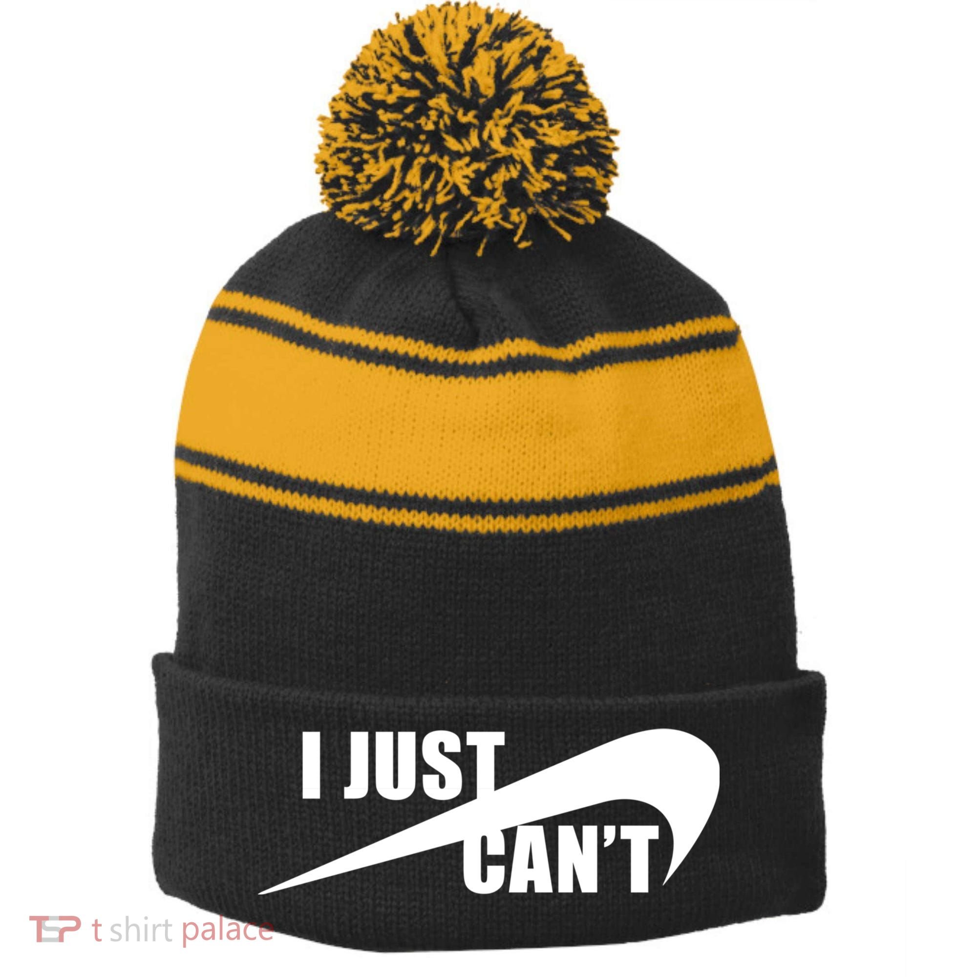 I Just Cant Nonmotivational Stripe Pom Pom Beanie