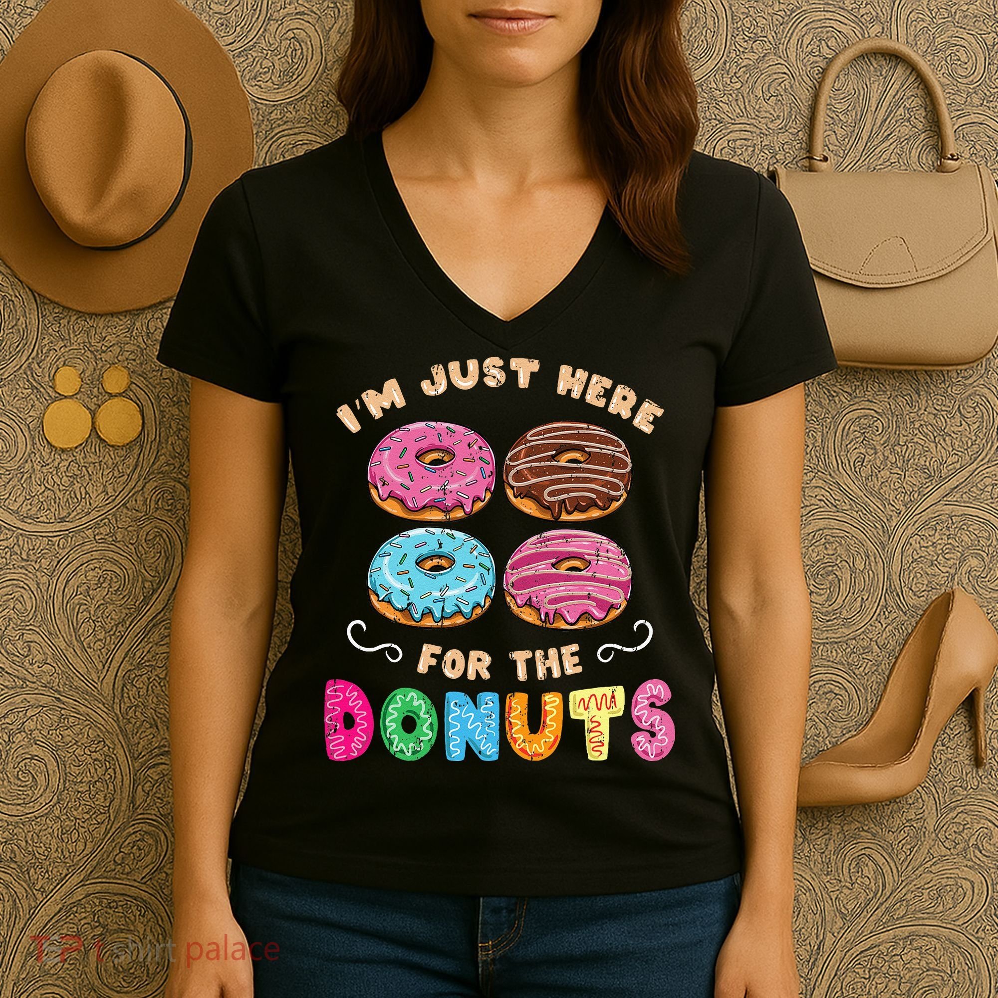 Im Just Here For The Donuts Candy Lover Women's V-Neck T-Shirt
