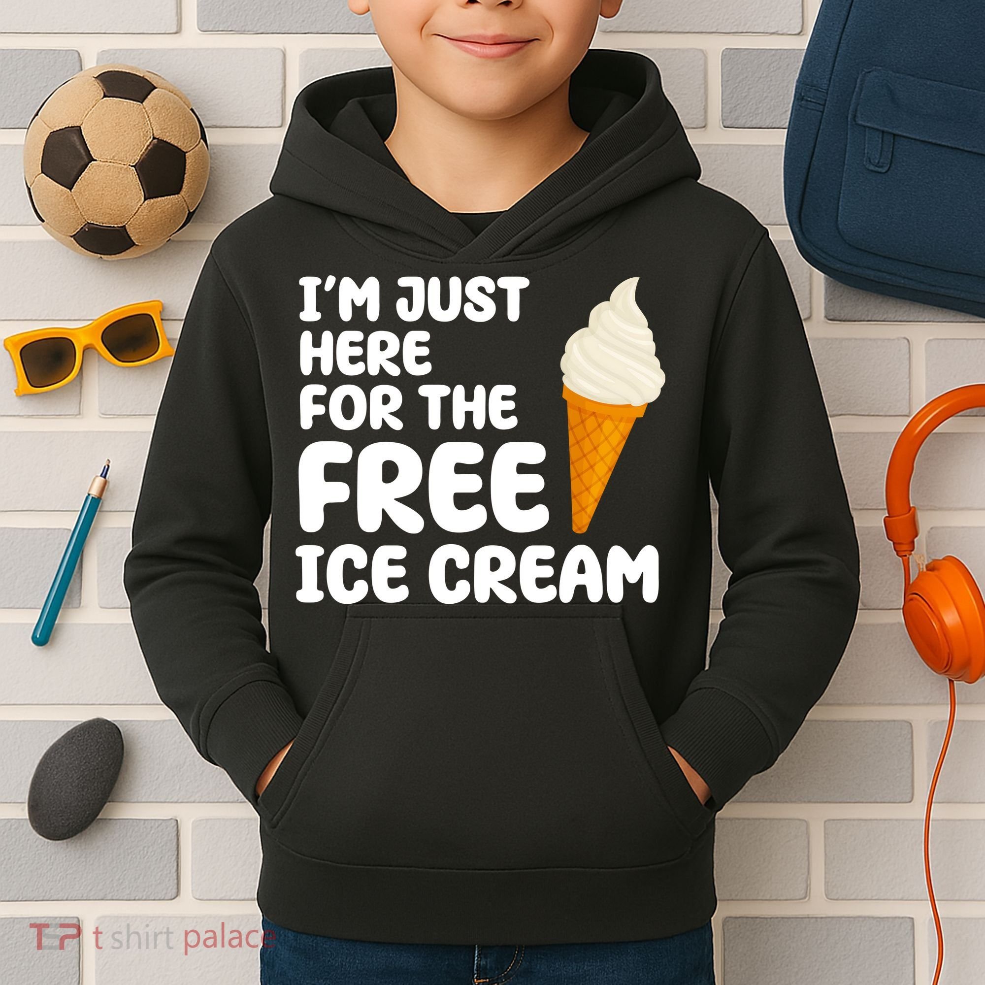 I'm Just Here For The Free Ice Cream Funny Kids Hoodie