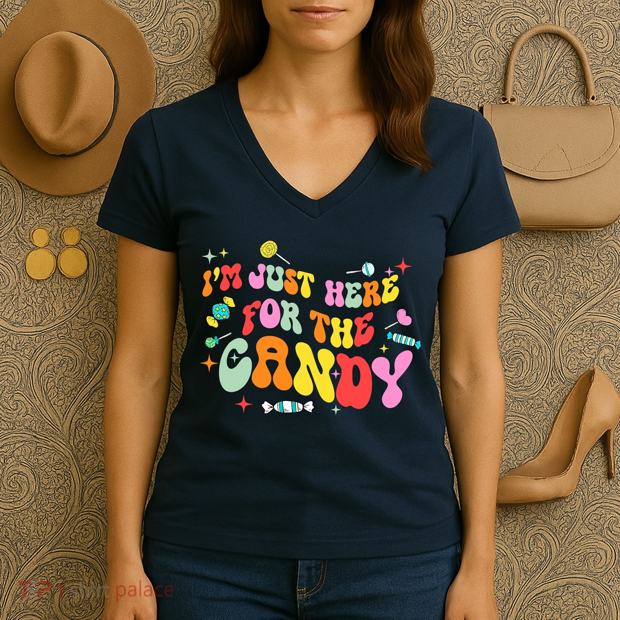 I'm Just Here For The Candy Halloween Cute Lollipop Sweets Women's V-Neck T-Shirt