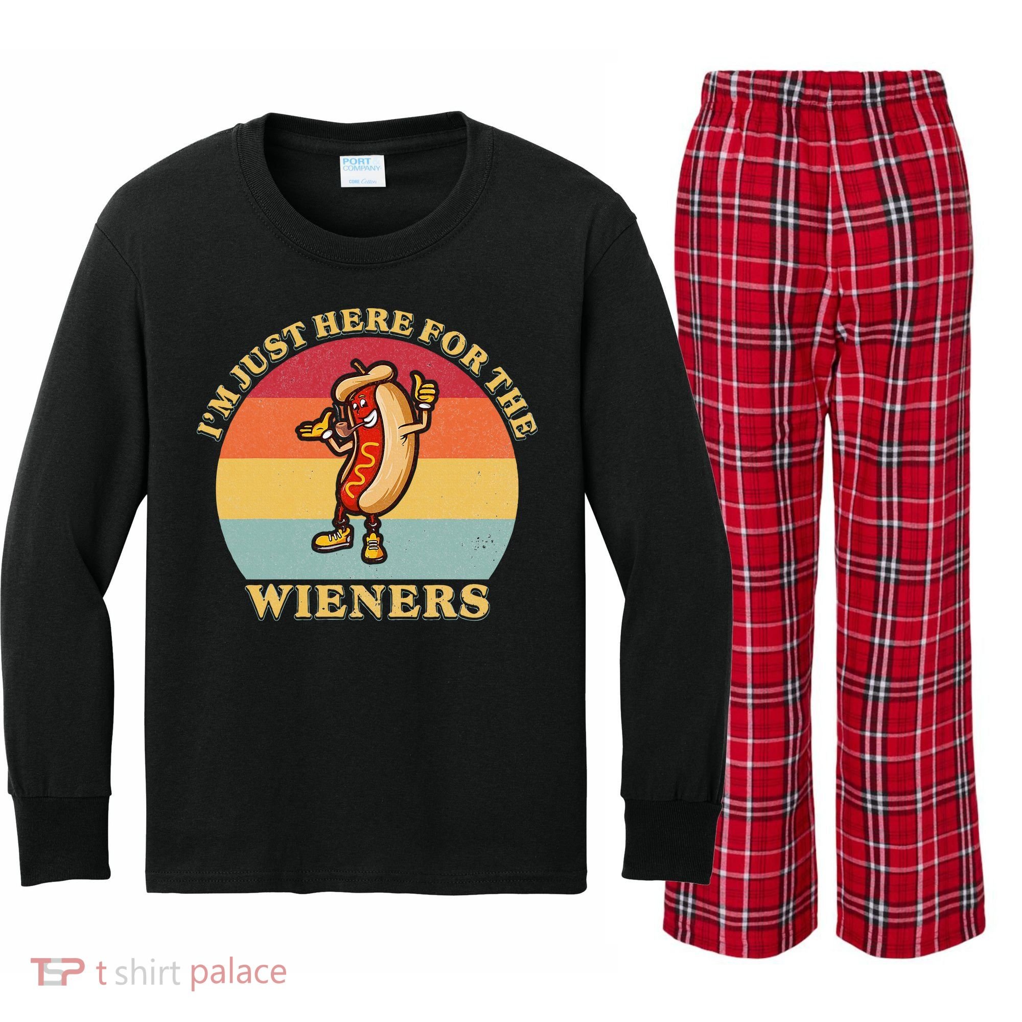 Im Just Here For The Weiners 4th Of July Kids Long Sleeve Plaid Pajama Set