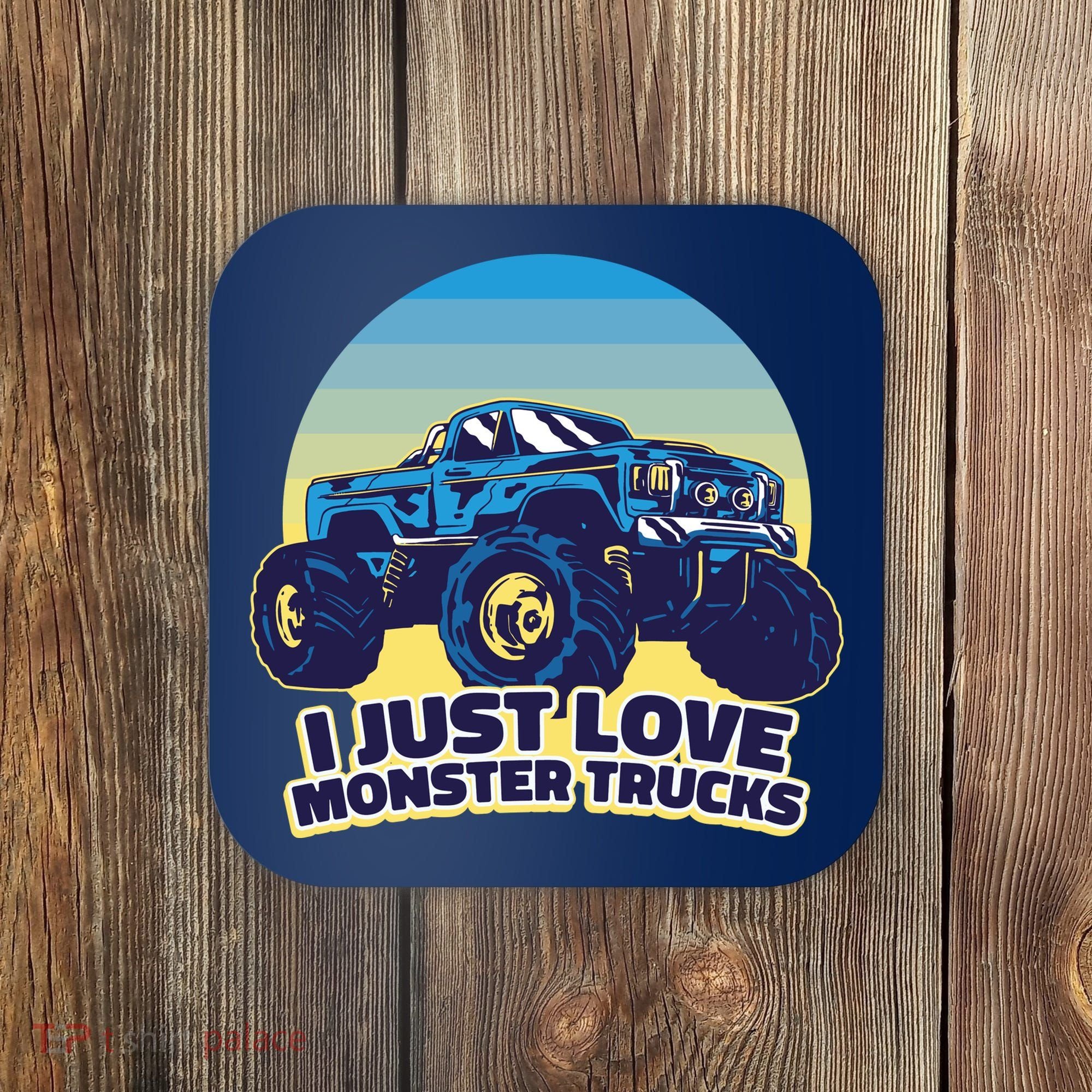 I Just Love Monster Trucks Retro Sunset Coaster