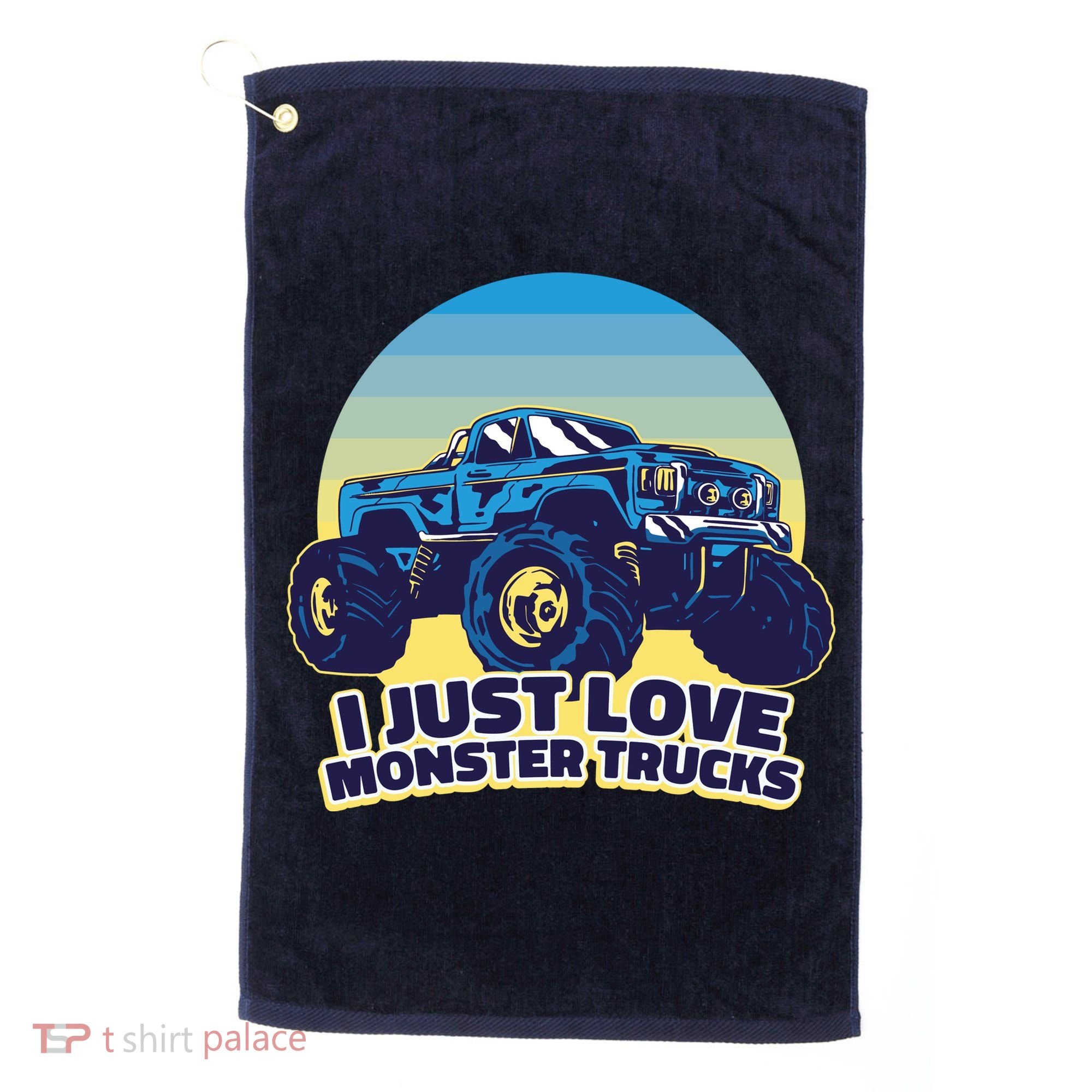 I Just Love Monster Trucks Retro Sunset Golf Towel