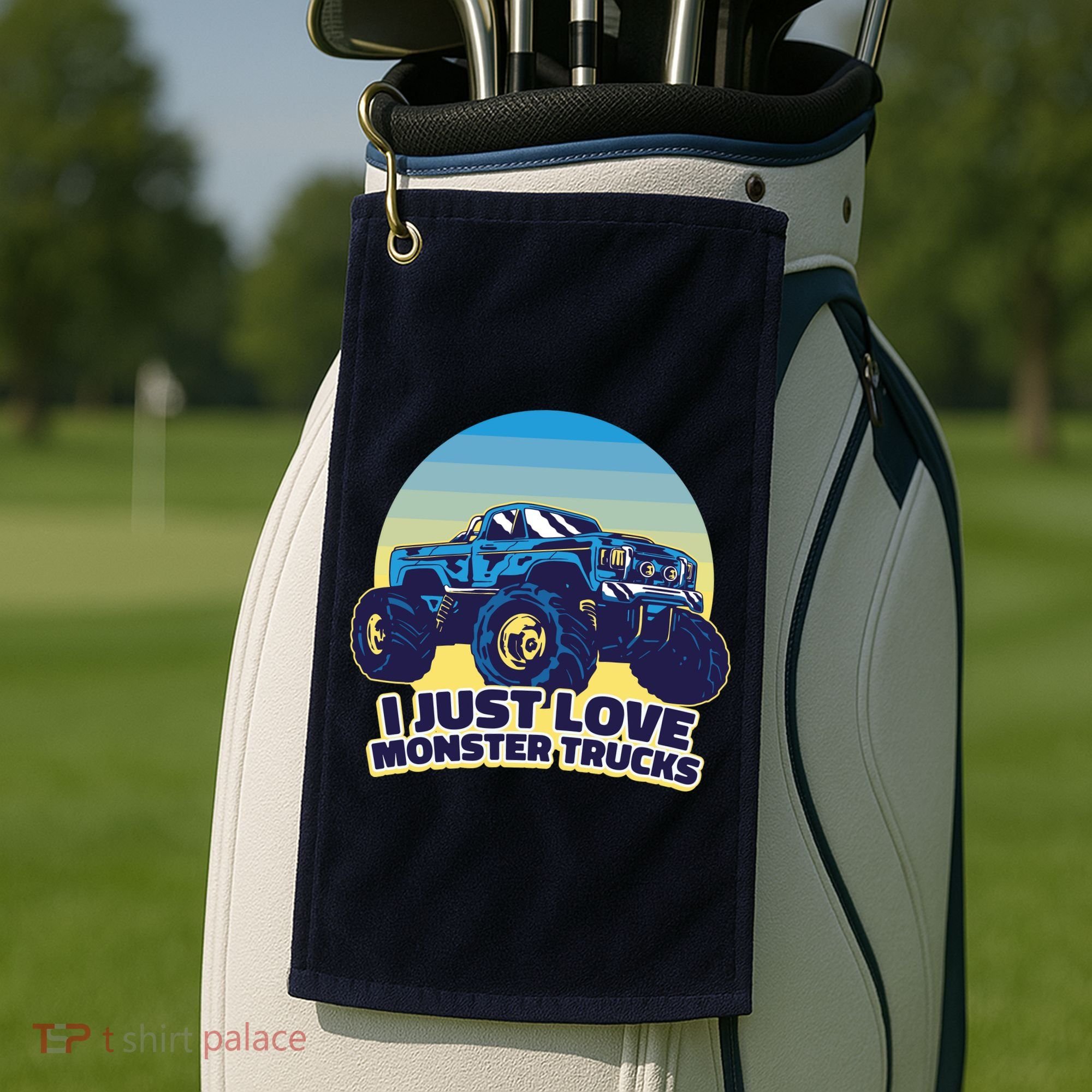 I Just Love Monster Trucks Retro Sunset Golf Towel
