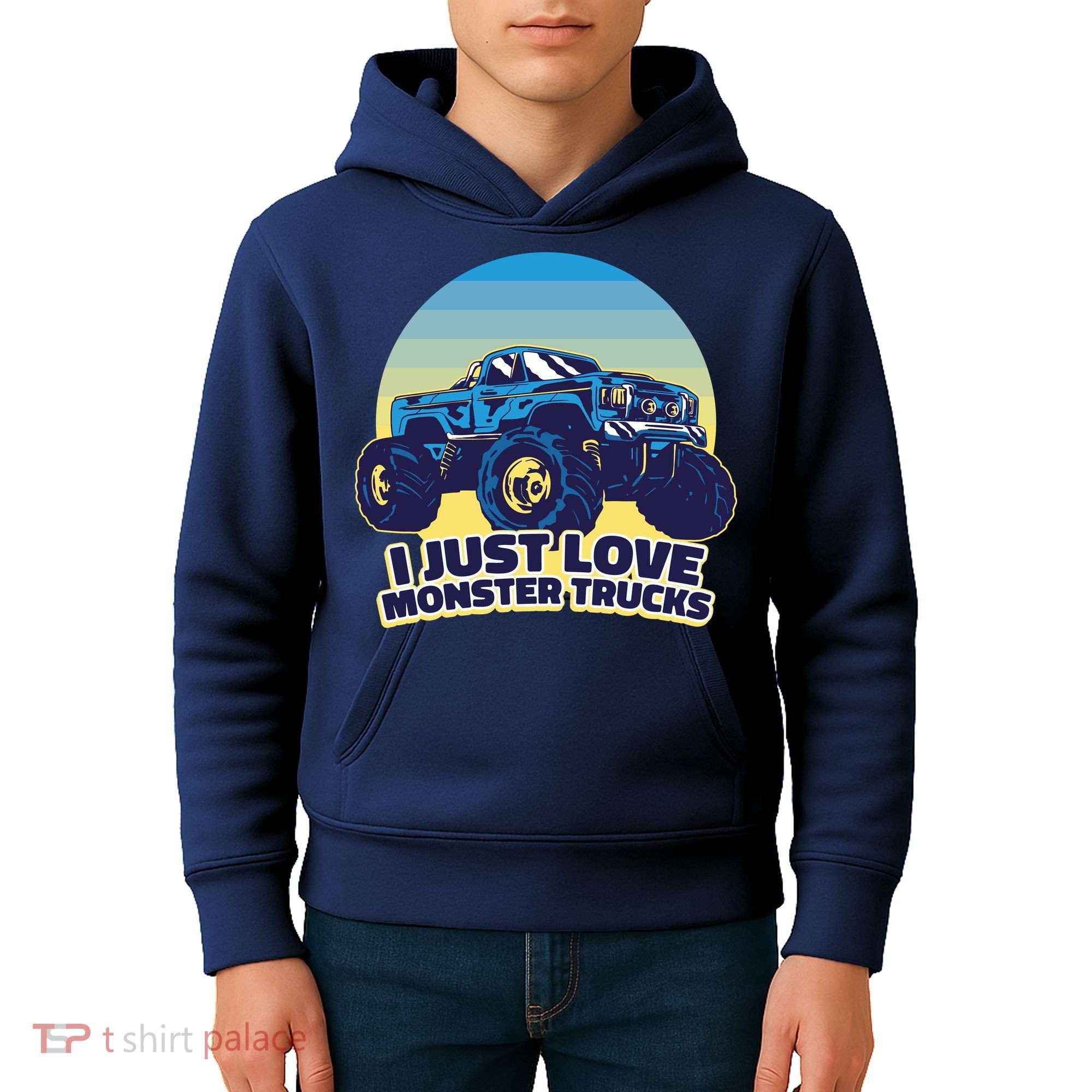 I Just Love Monster Trucks Retro Sunset Kids Hoodie