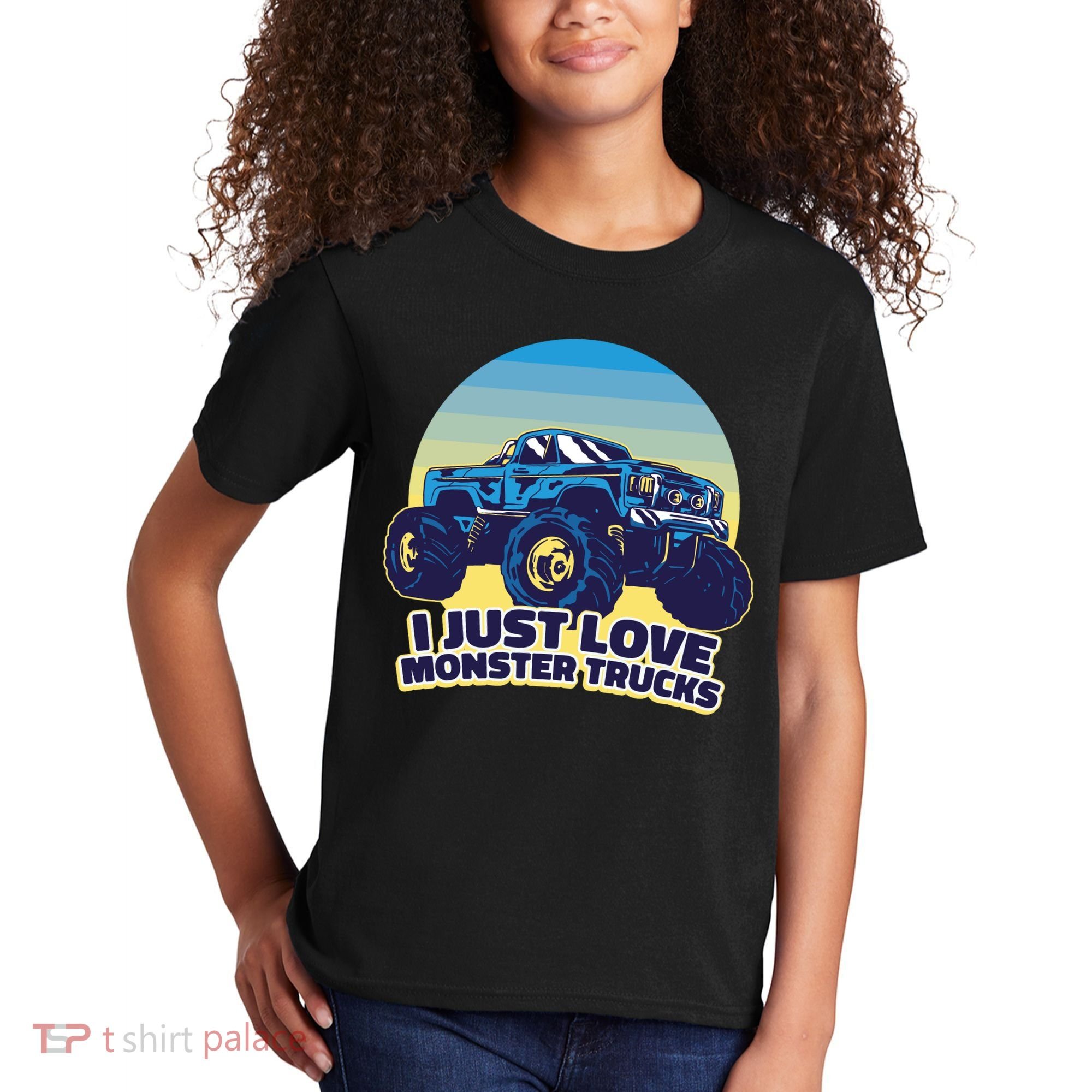 I Just Love Monster Trucks Retro Sunset Kids T-Shirt