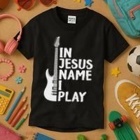 In Jesus Name I Play Guitar Christian Gift Guitar Lover Kids T-Shirt thumb 3