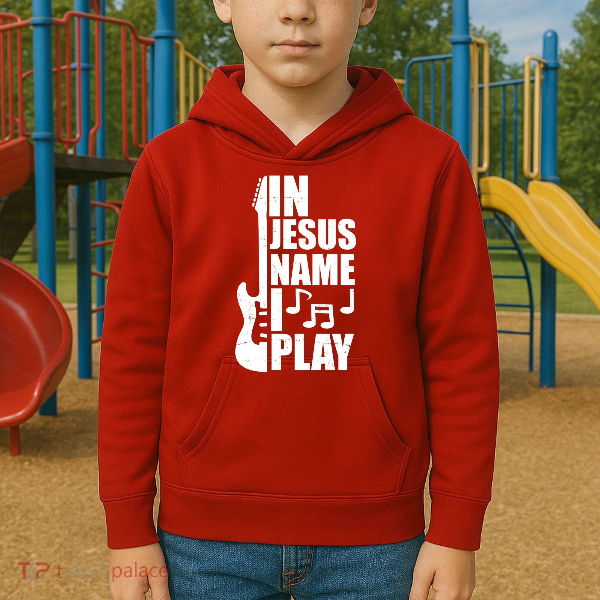 In Jesus Name I Play Guitar Kids Hoodie