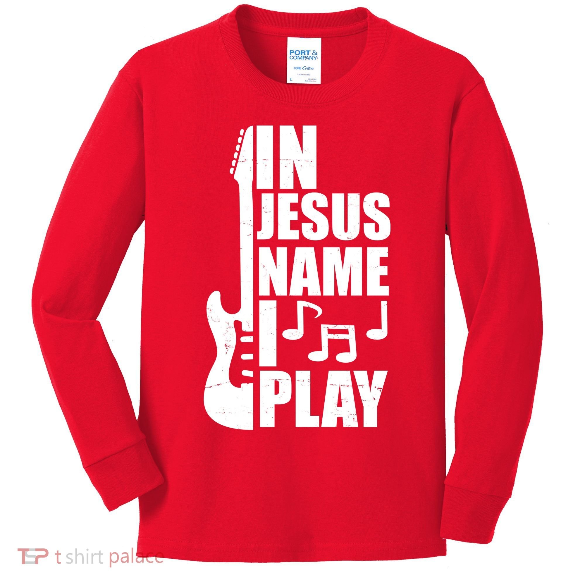 In Jesus Name I Play Guitar Kids Long Sleeve Shirt