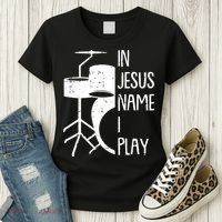 In Jesus Name Christmas Cool I Play Drum Christian Women's T-Shirt thumb 3