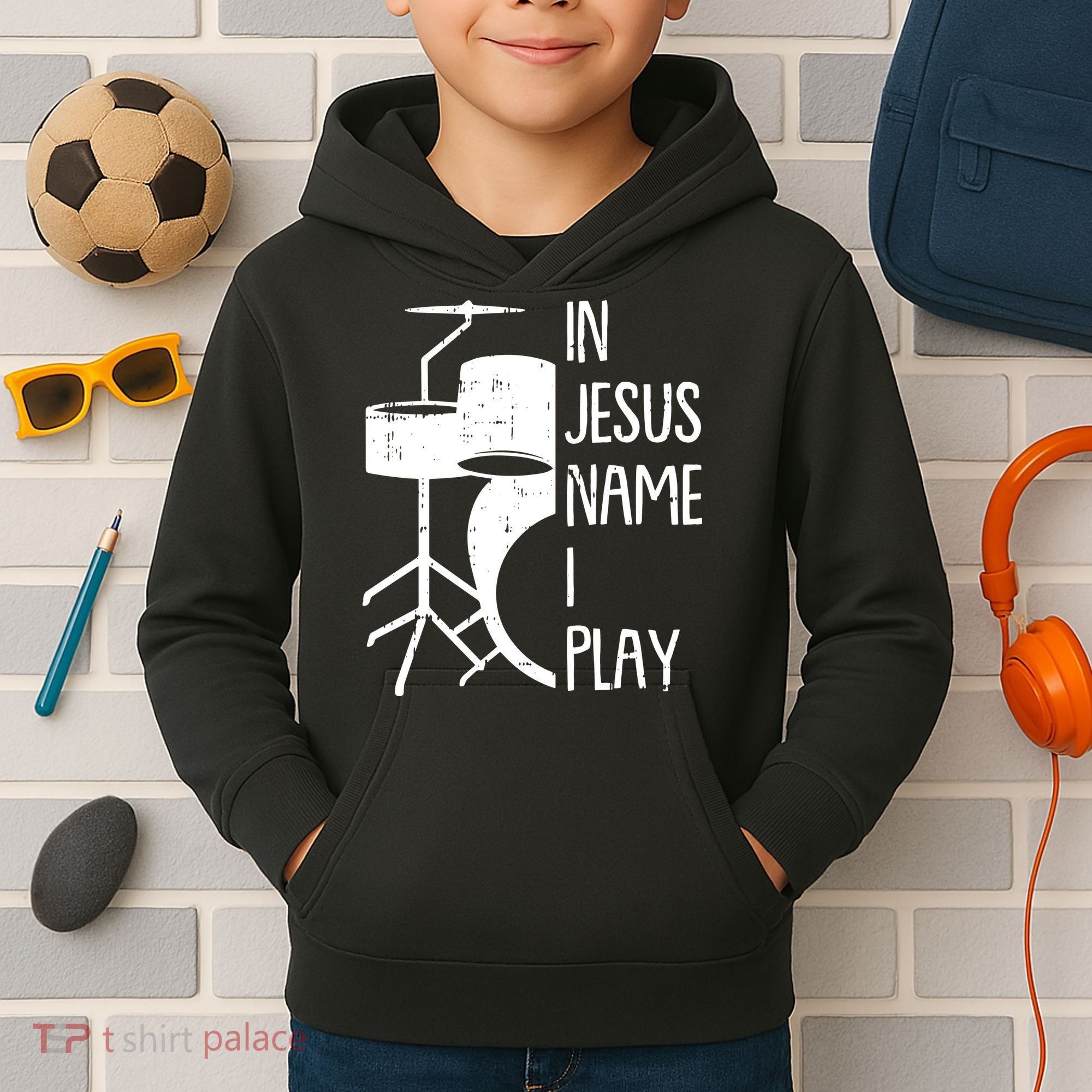 In Jesus Name Christmas Cool I Play Drum Christian Kids Hoodie