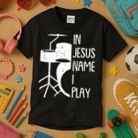 In Jesus Name Christmas Cool I Play Drum Christian Kids T-Shirt thumb 3