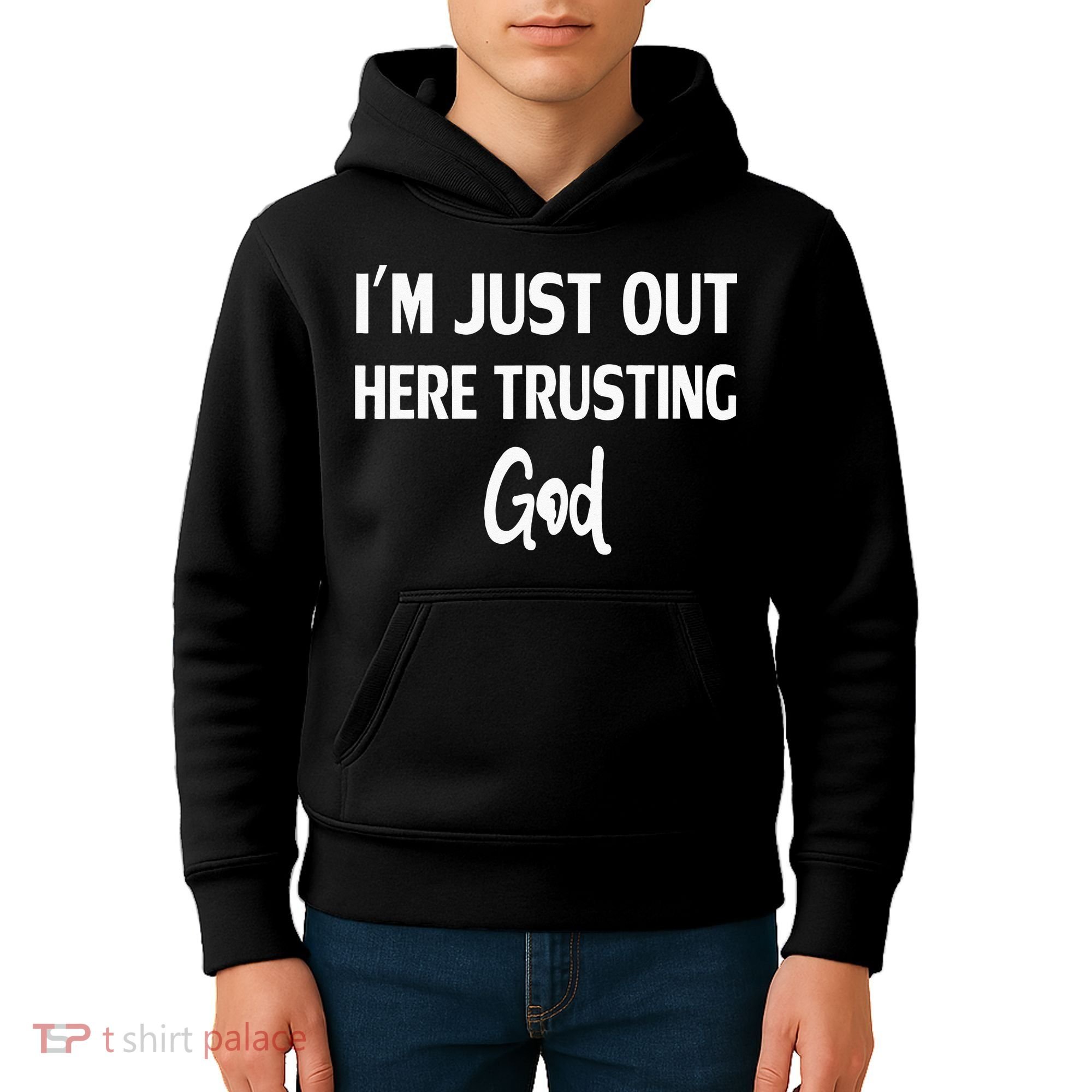 Im Just Out Here Trusting God Kids Hoodie