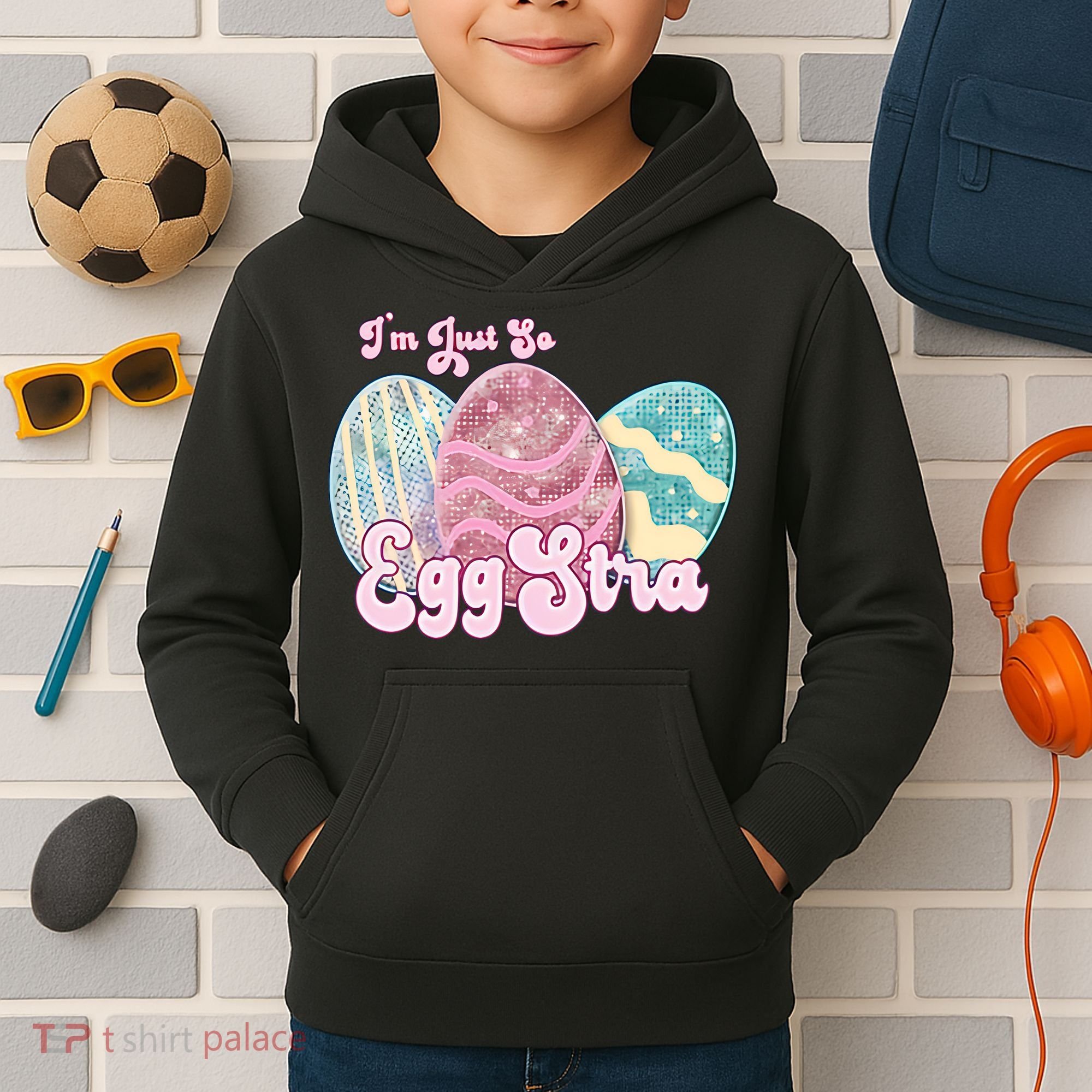 I'm Just So Eggstra Cute Egg Stra Easter Bunny Funny Easter Eggs Kids Hoodie