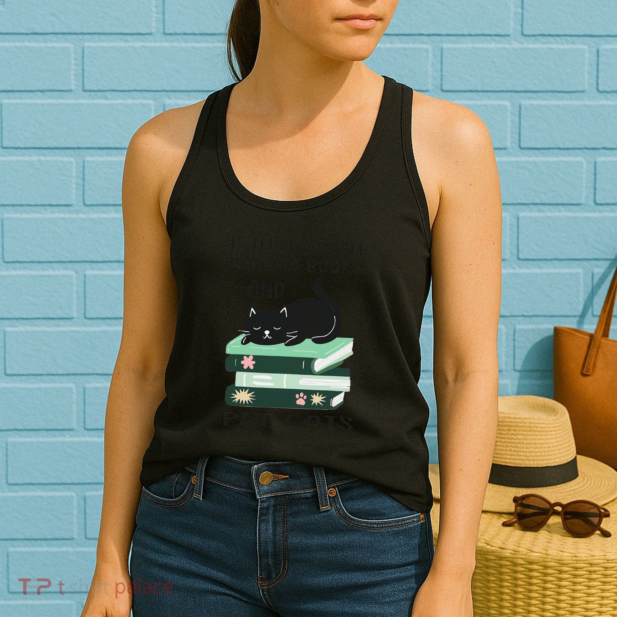 I Just Want To Read Books And Pet Cats Funny Reading Cat Women's Tank Top
