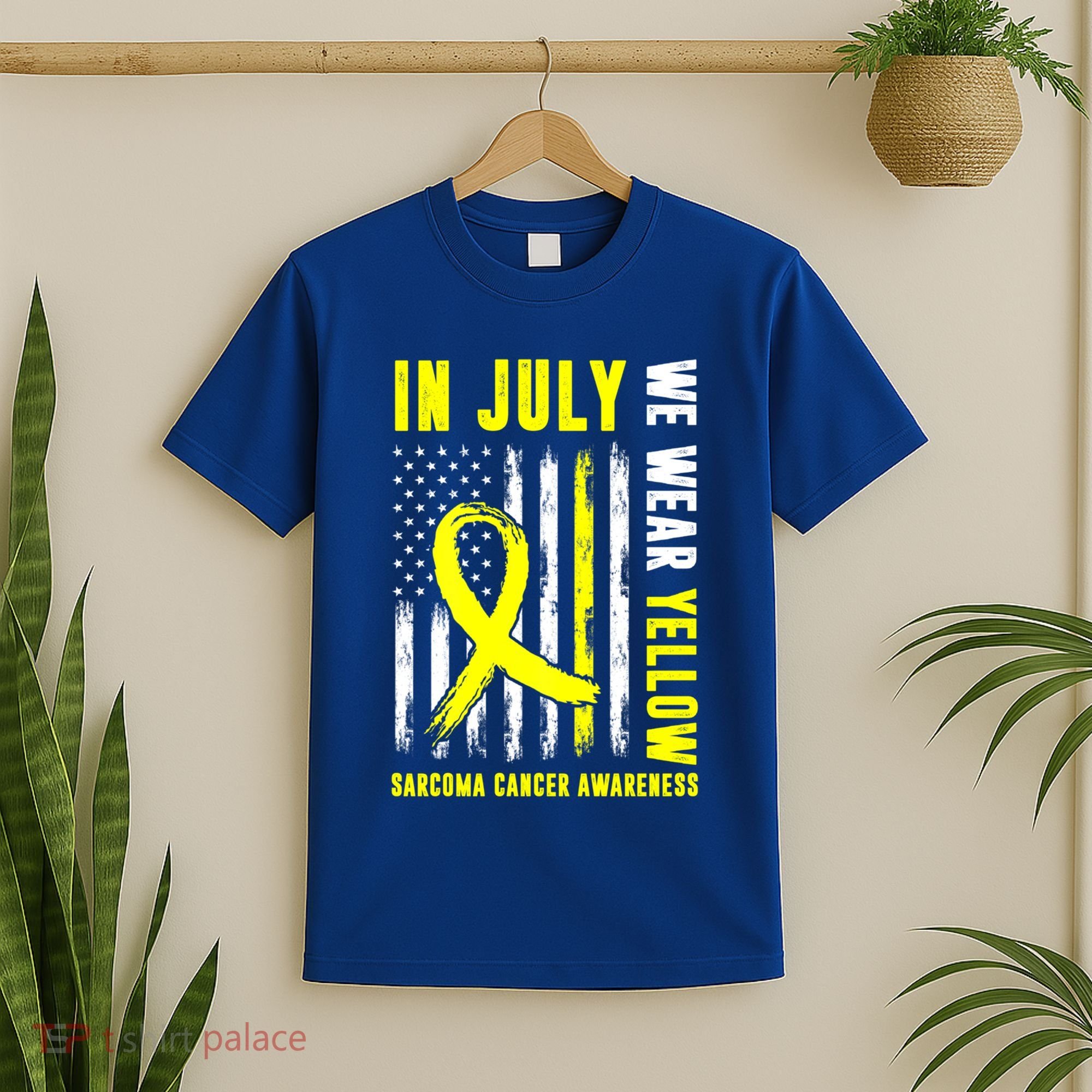In July We Wear Yellow Sarcoma Cancer Awareness Us Flag Cute Gift T-Shirt